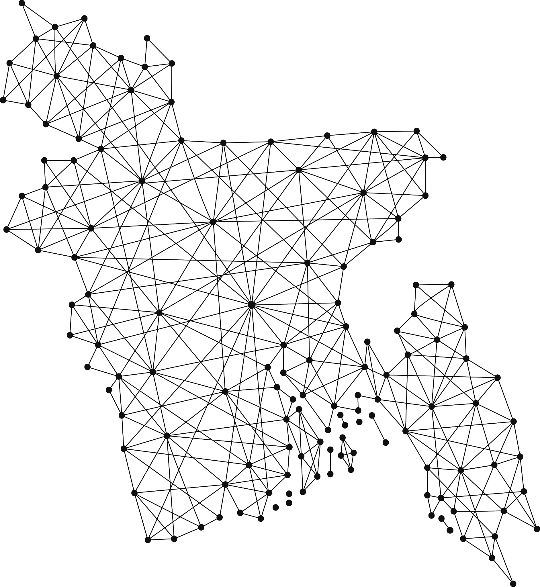 map of bangladesh from polygonal black lines and dots of vector 
