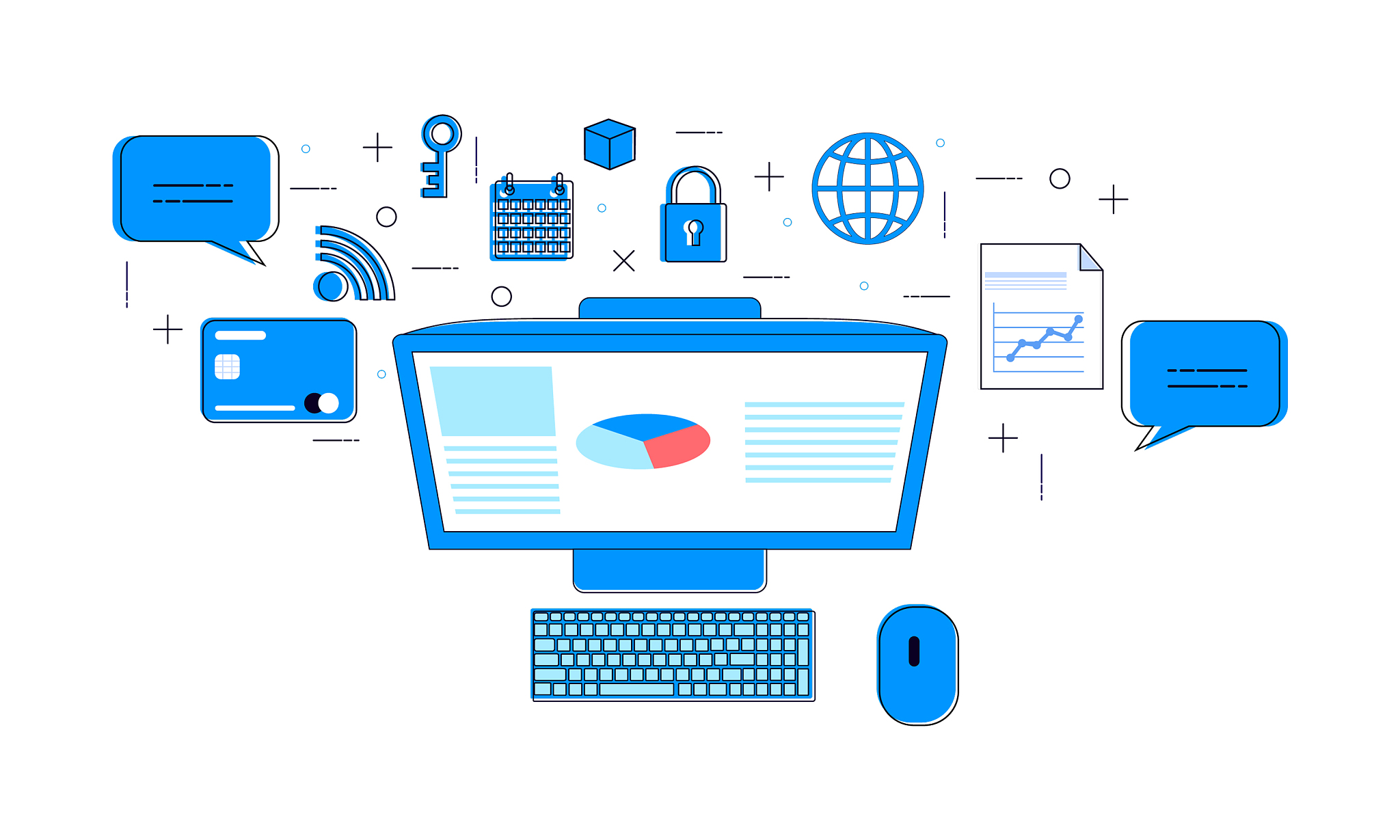 computer with statistics infographics and set