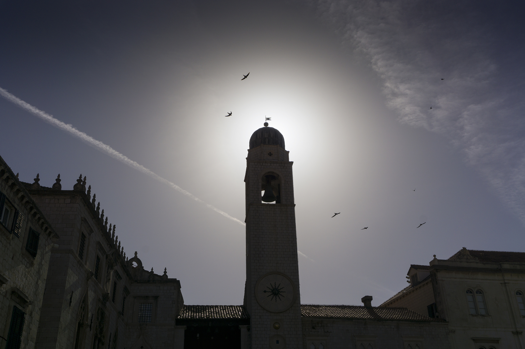 dubrovnik clock tower with swallows