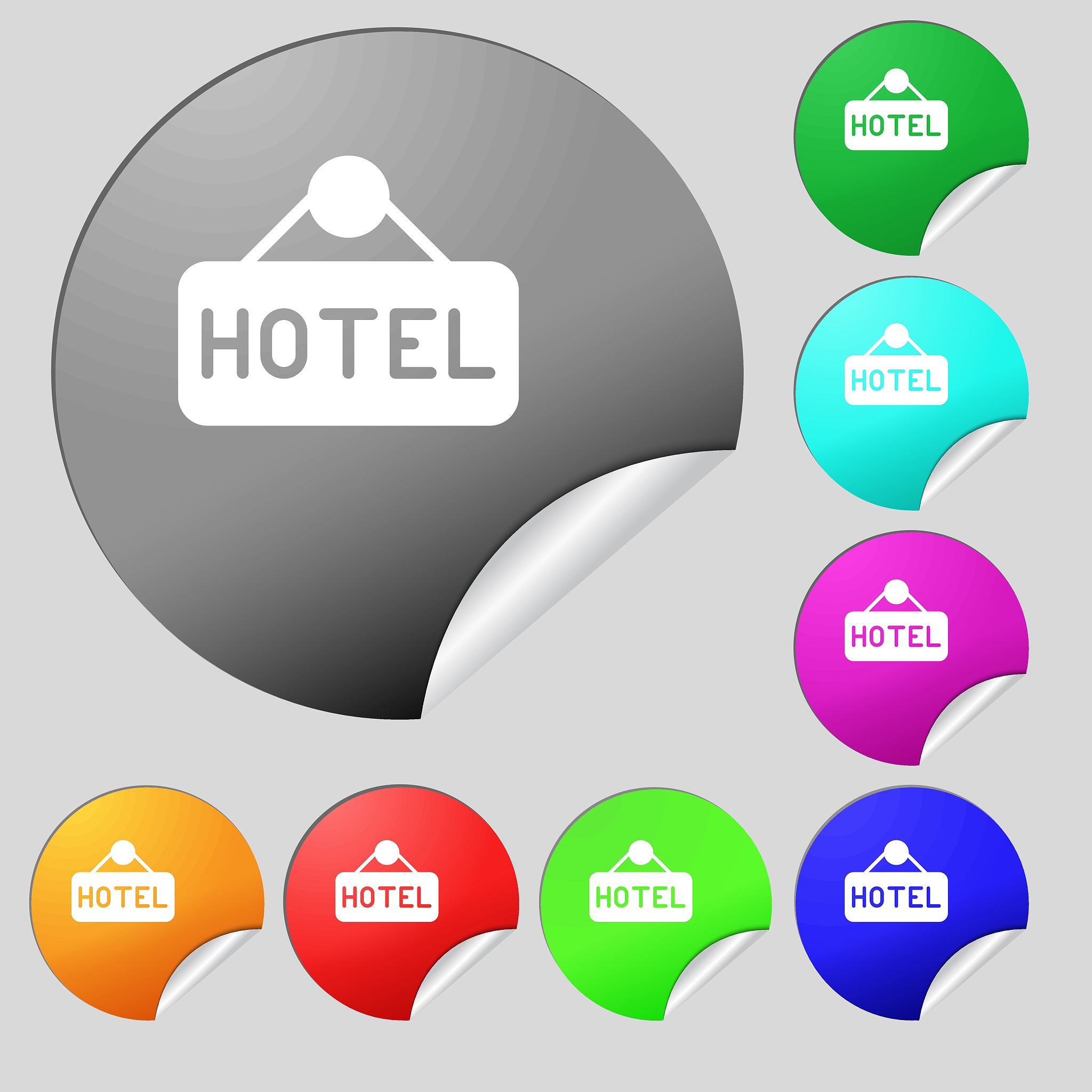 hotel icon sign. set of eight multi colored round buttons, stick