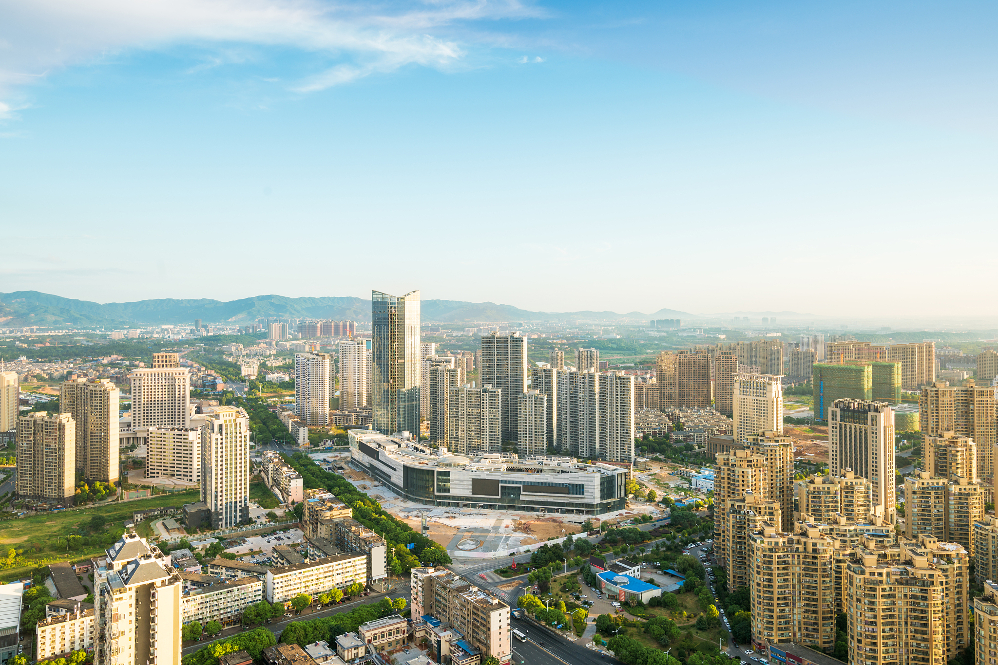 empty floor with modern skyline and buildings