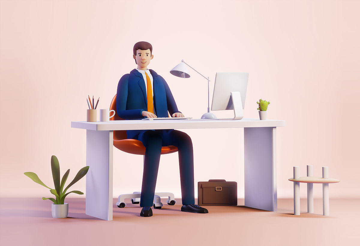 3 d渲染插图.快乐成功的商人在他办公室的书桌旁工作.办公室工作环境.