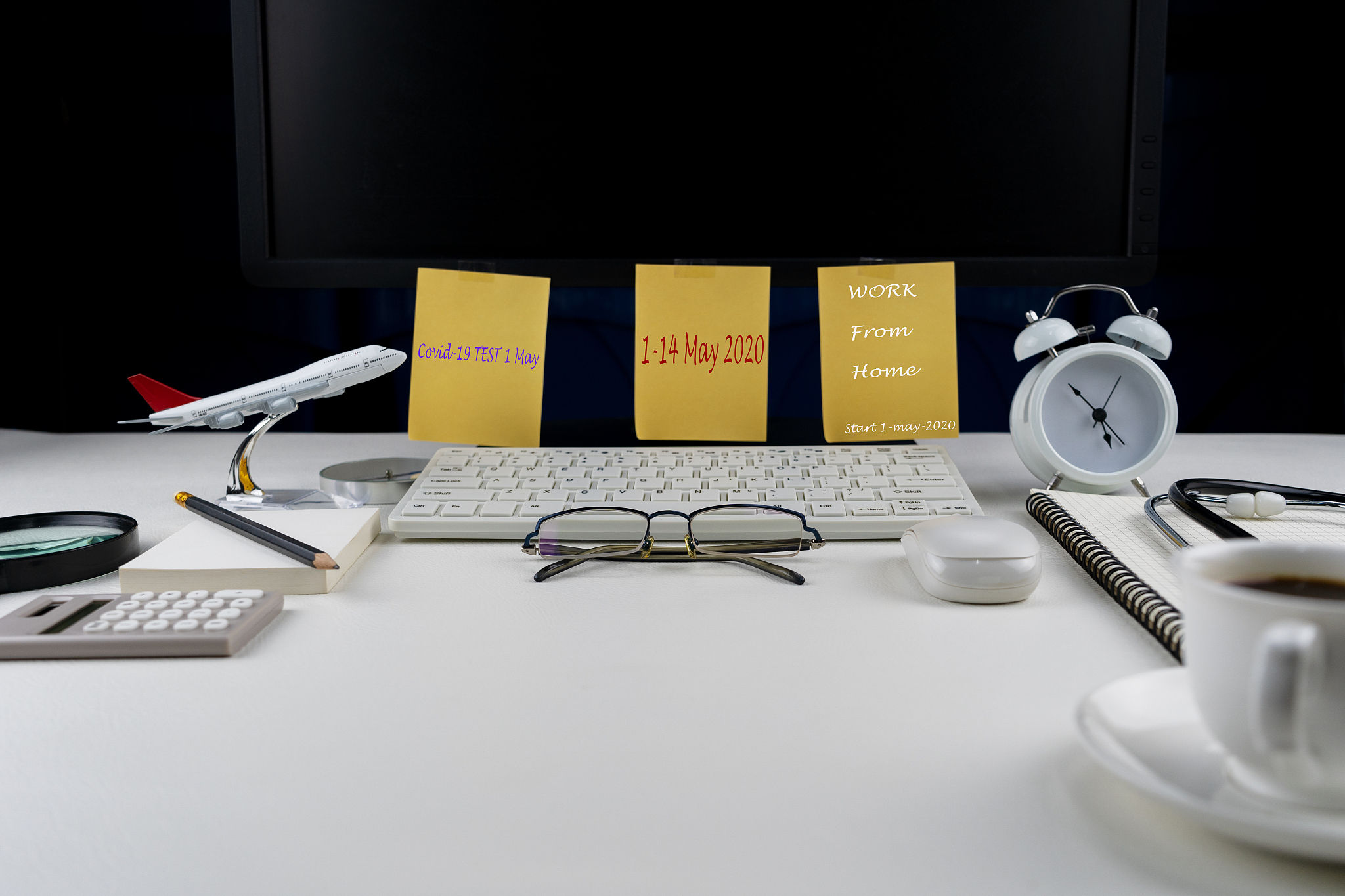 home workplace with desktop computer and business objects, work 