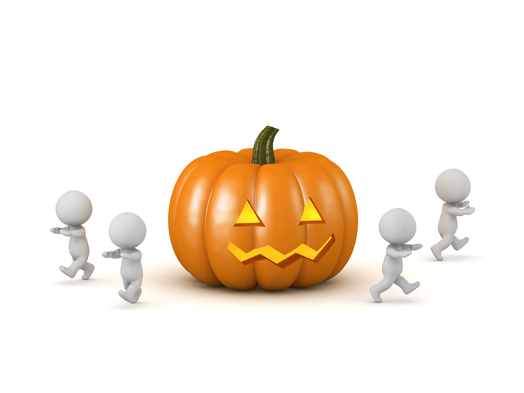 scared 3d characters running away from a carved halloween jack-o