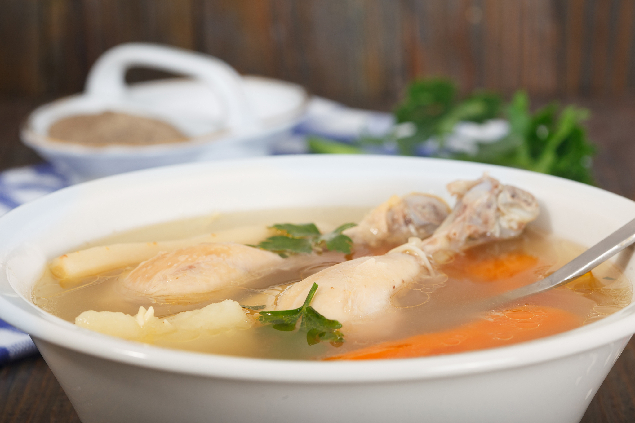 homemade healthy chicken clear noodle soup - broth