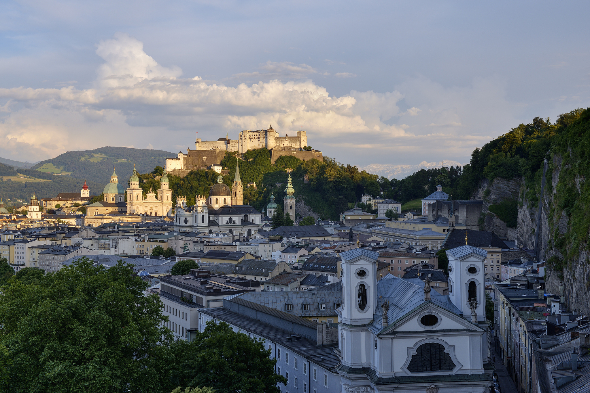 view of the old town of salzburg with collegiate church, cathedr