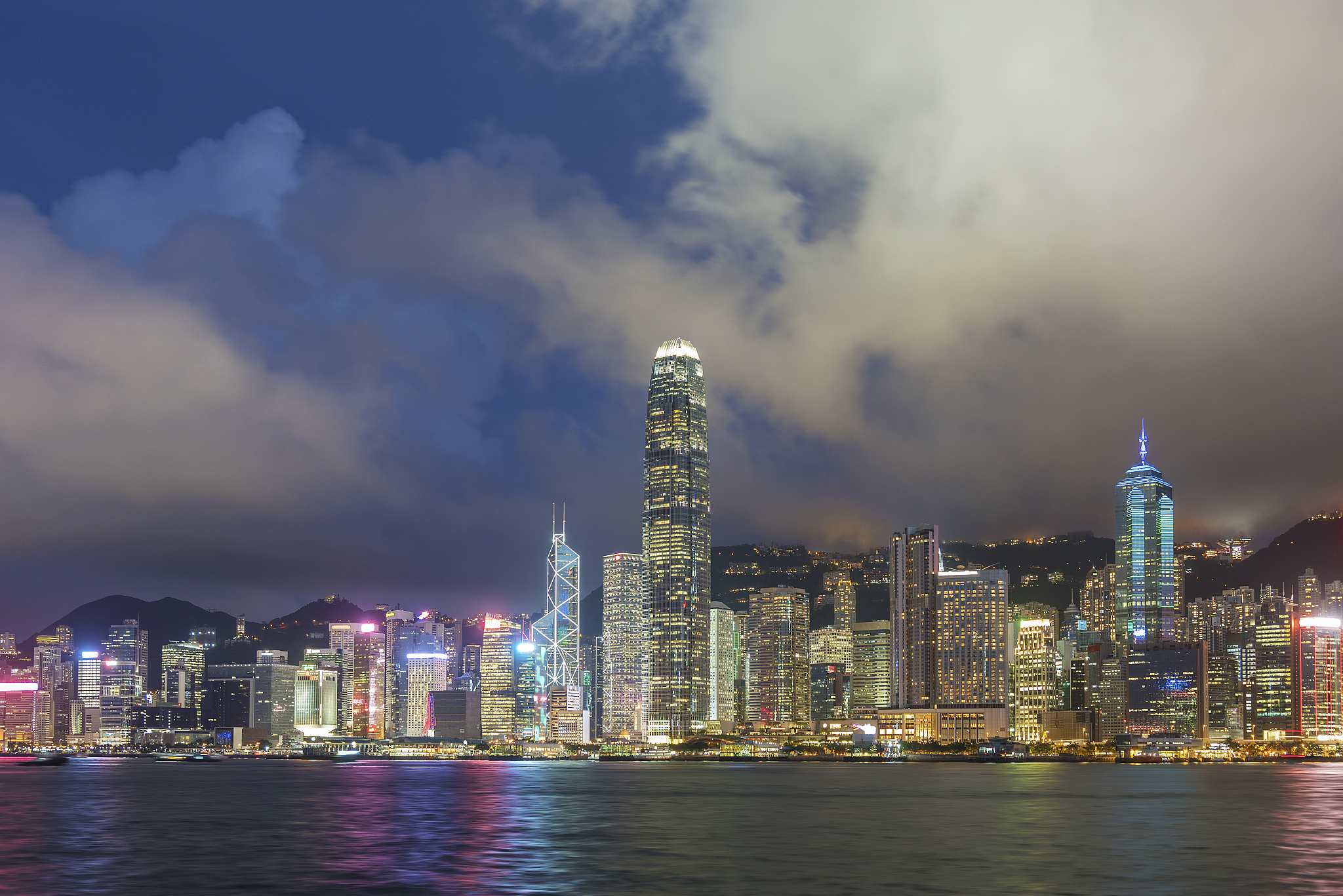 skyline and harbor of hong kong city
