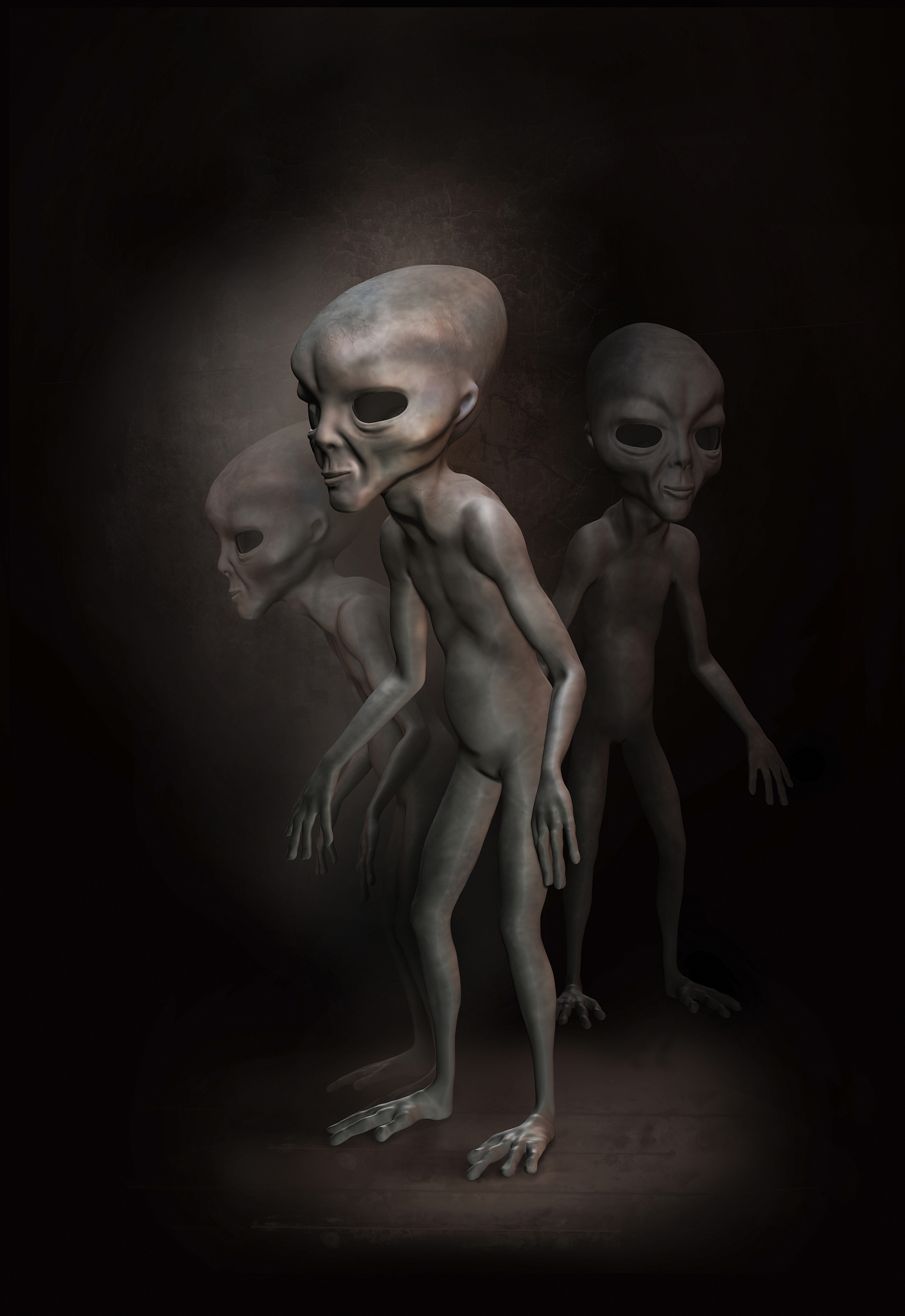 three grey aliens on the dark background. 3 d illustration. digi