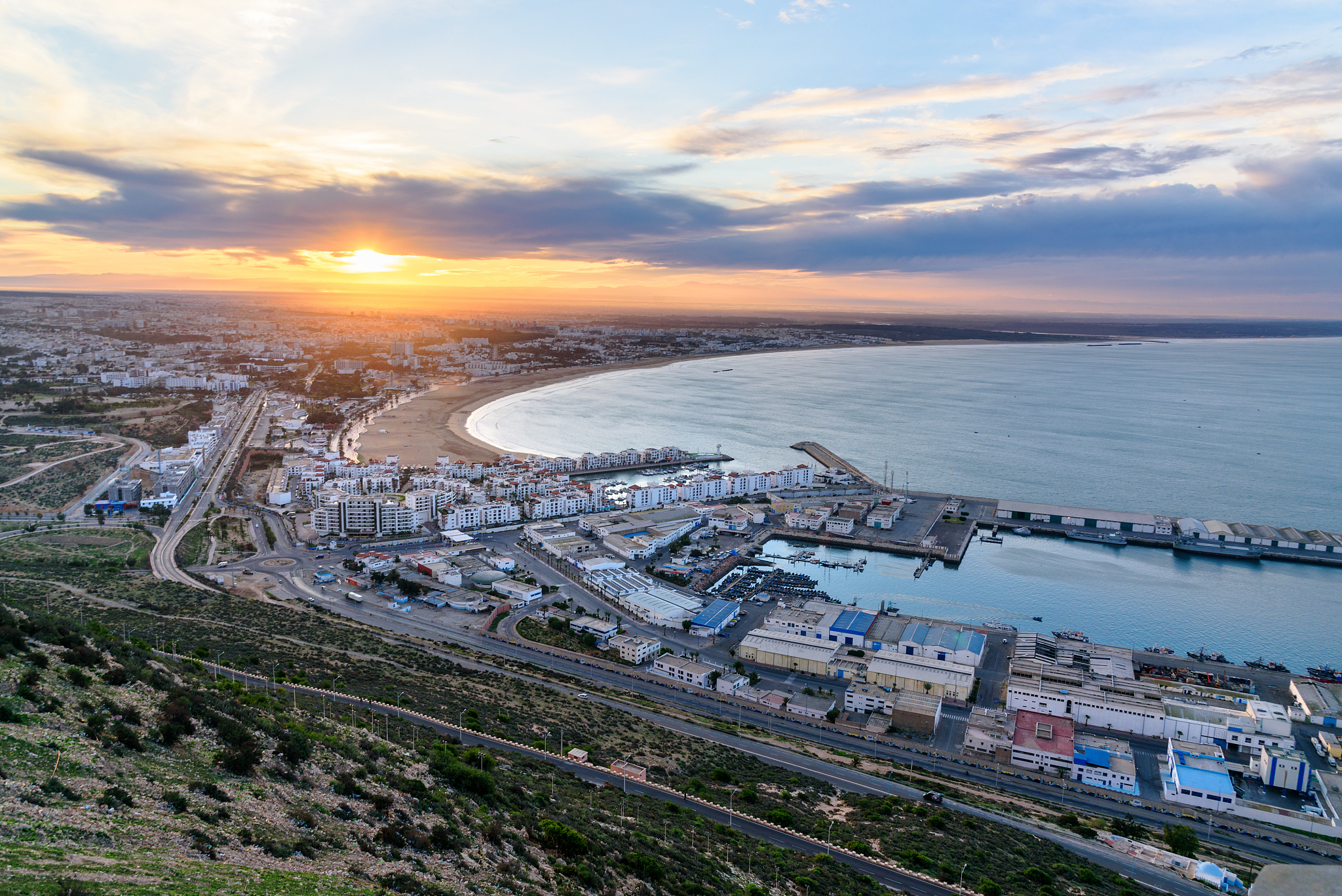 beach in agadir city at sunrise, morocco