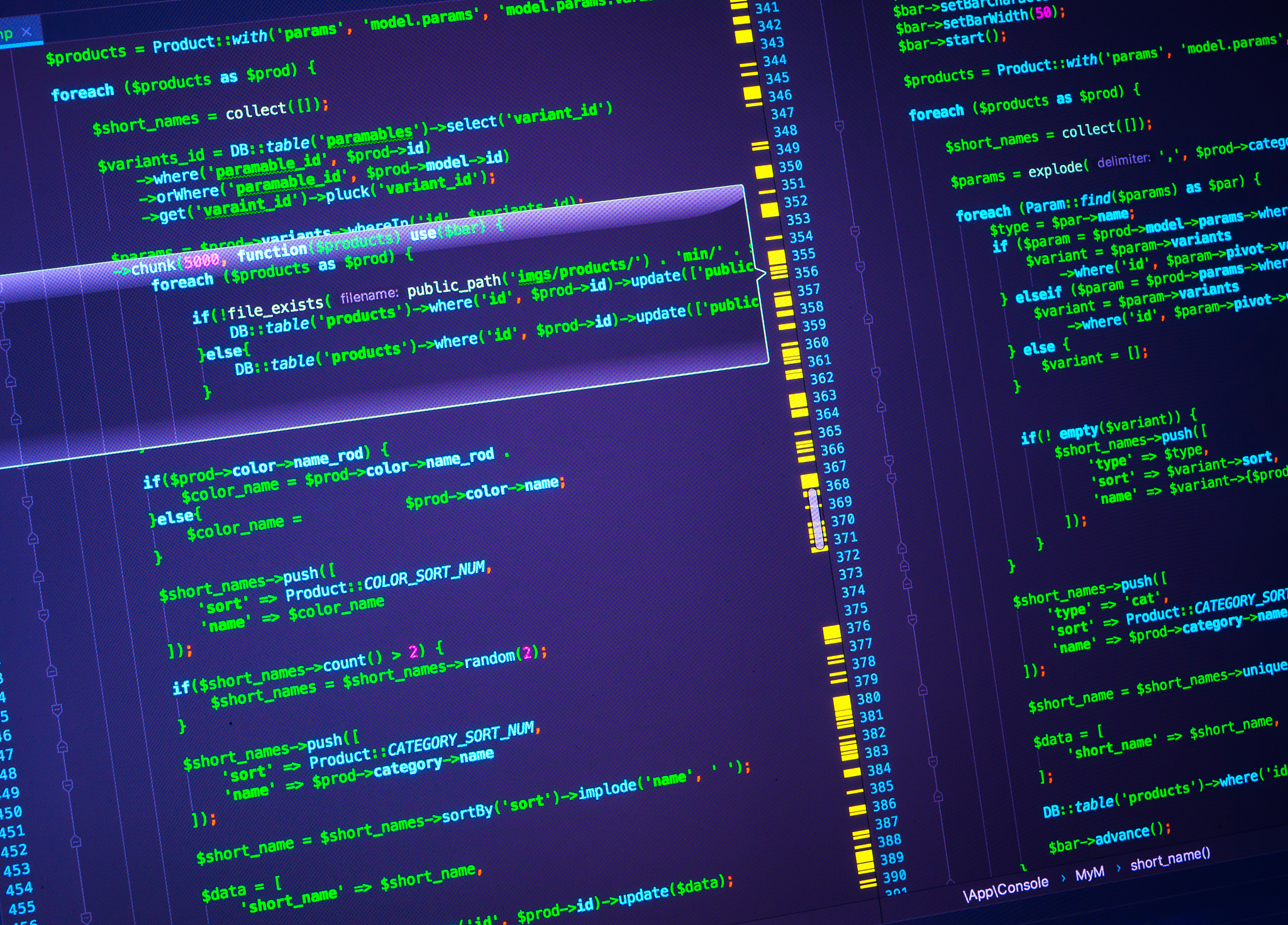 green php code on purple background in code editor, closeup.