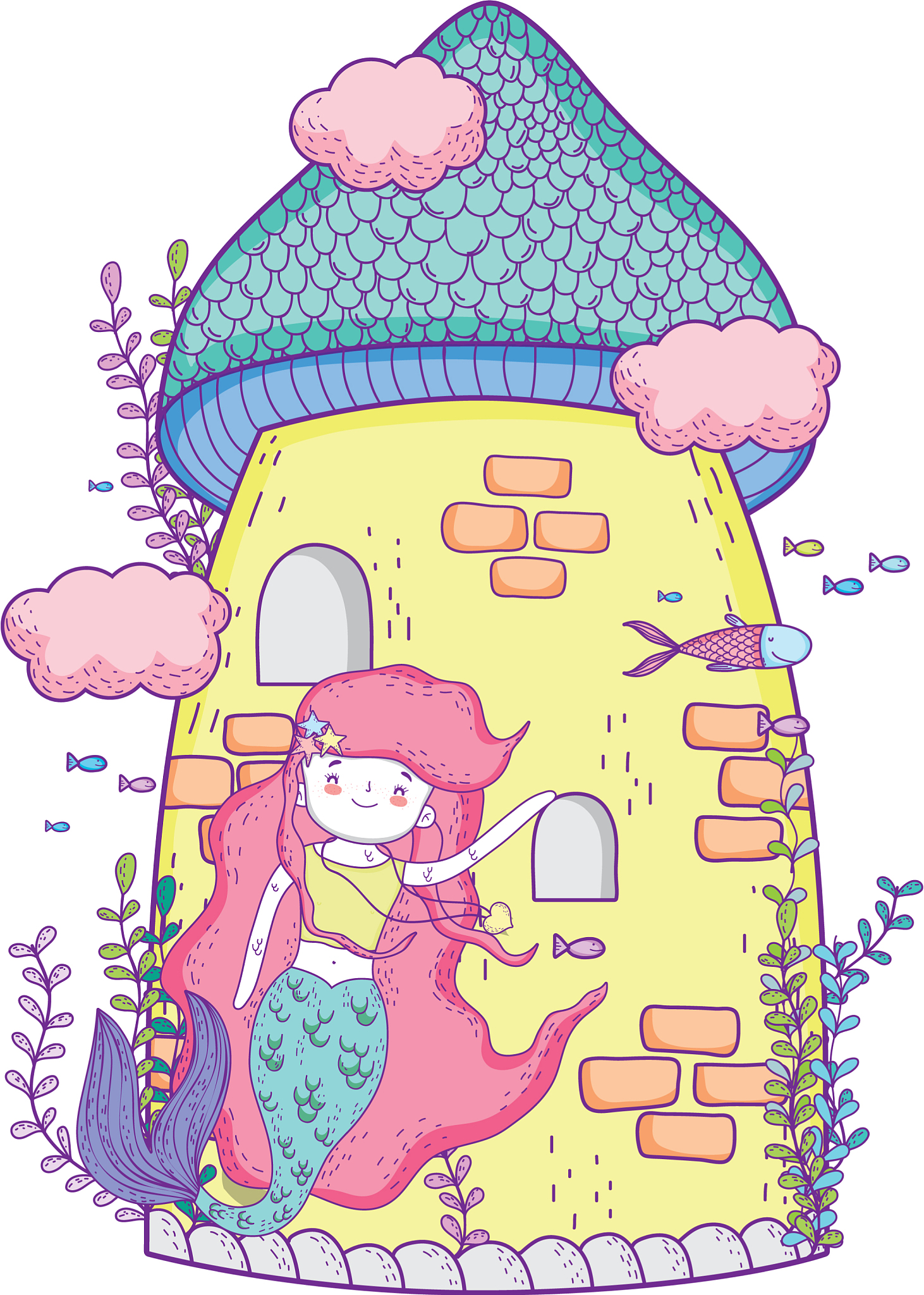 mermaid with castle undersea scene