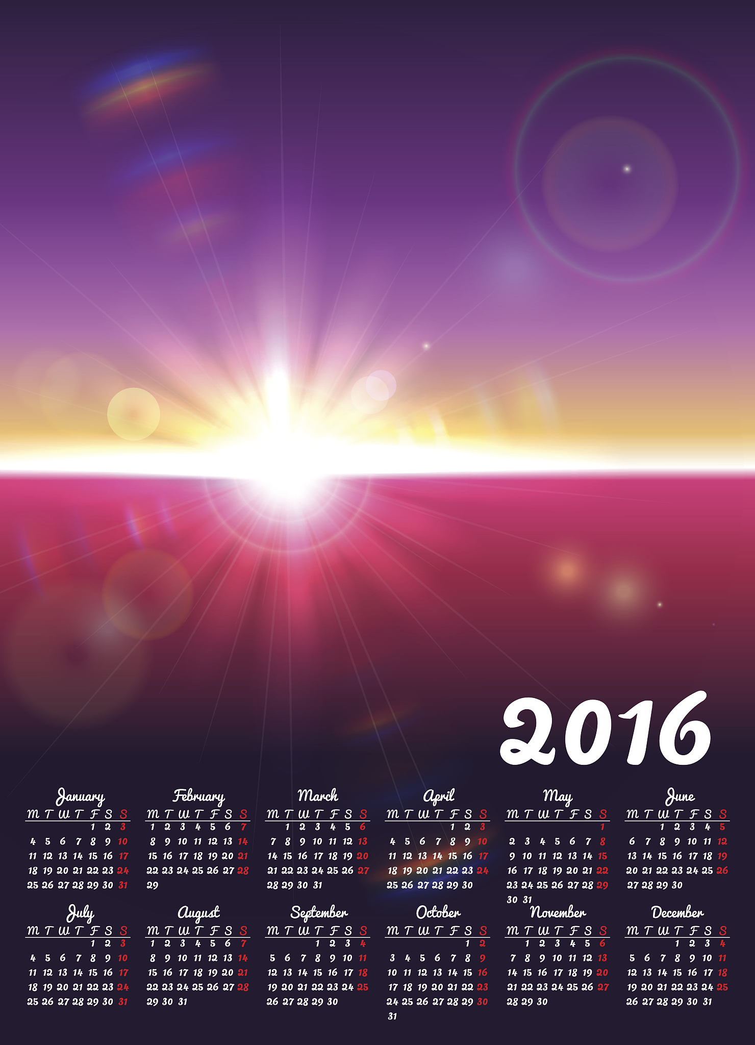 calendar 2016 with sunny landscape