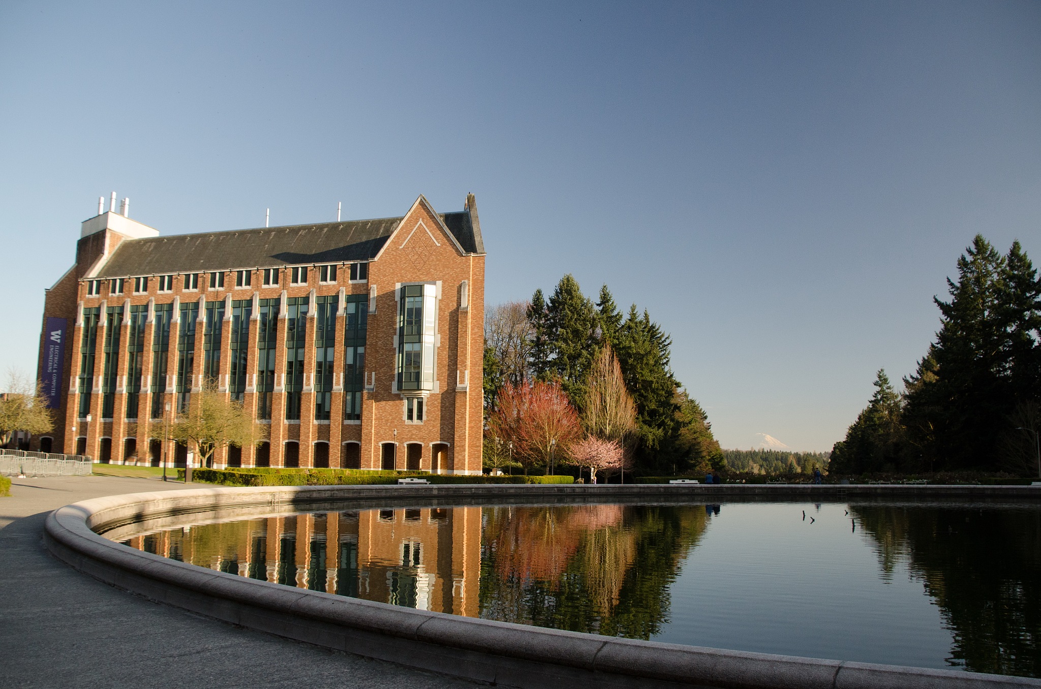 reflections in fountain in university campus, seattle