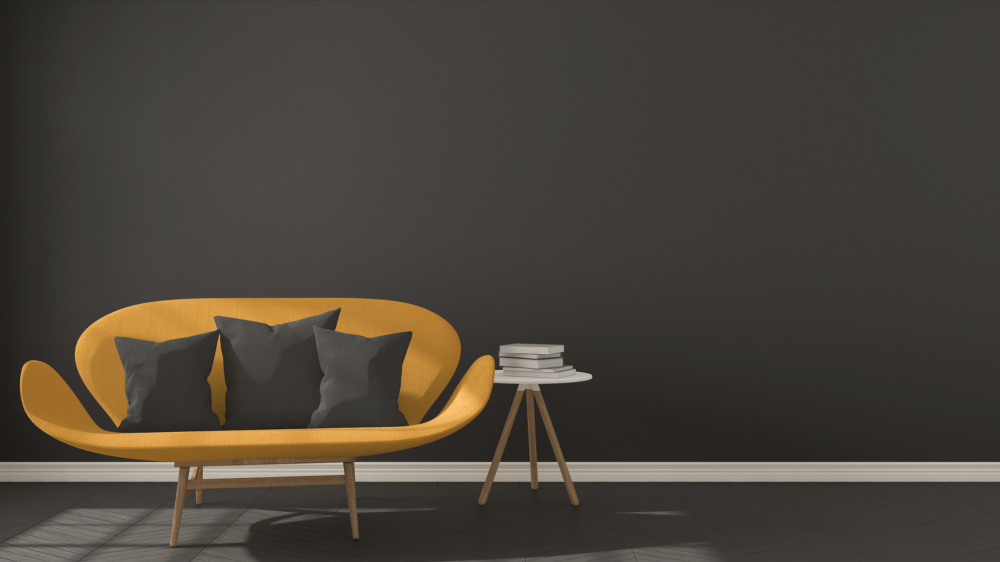 scandinavian minimalistic dark background, with orange sofa on h
