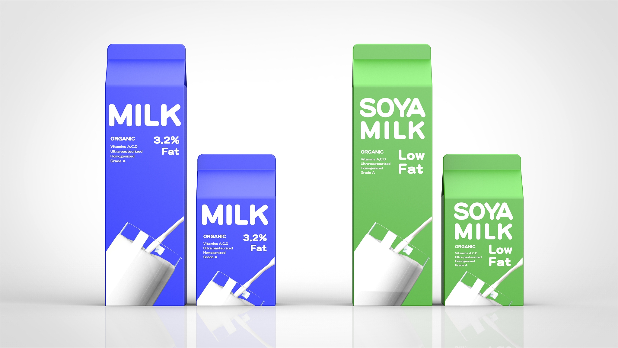milk and soy milk large and small 3d rendering