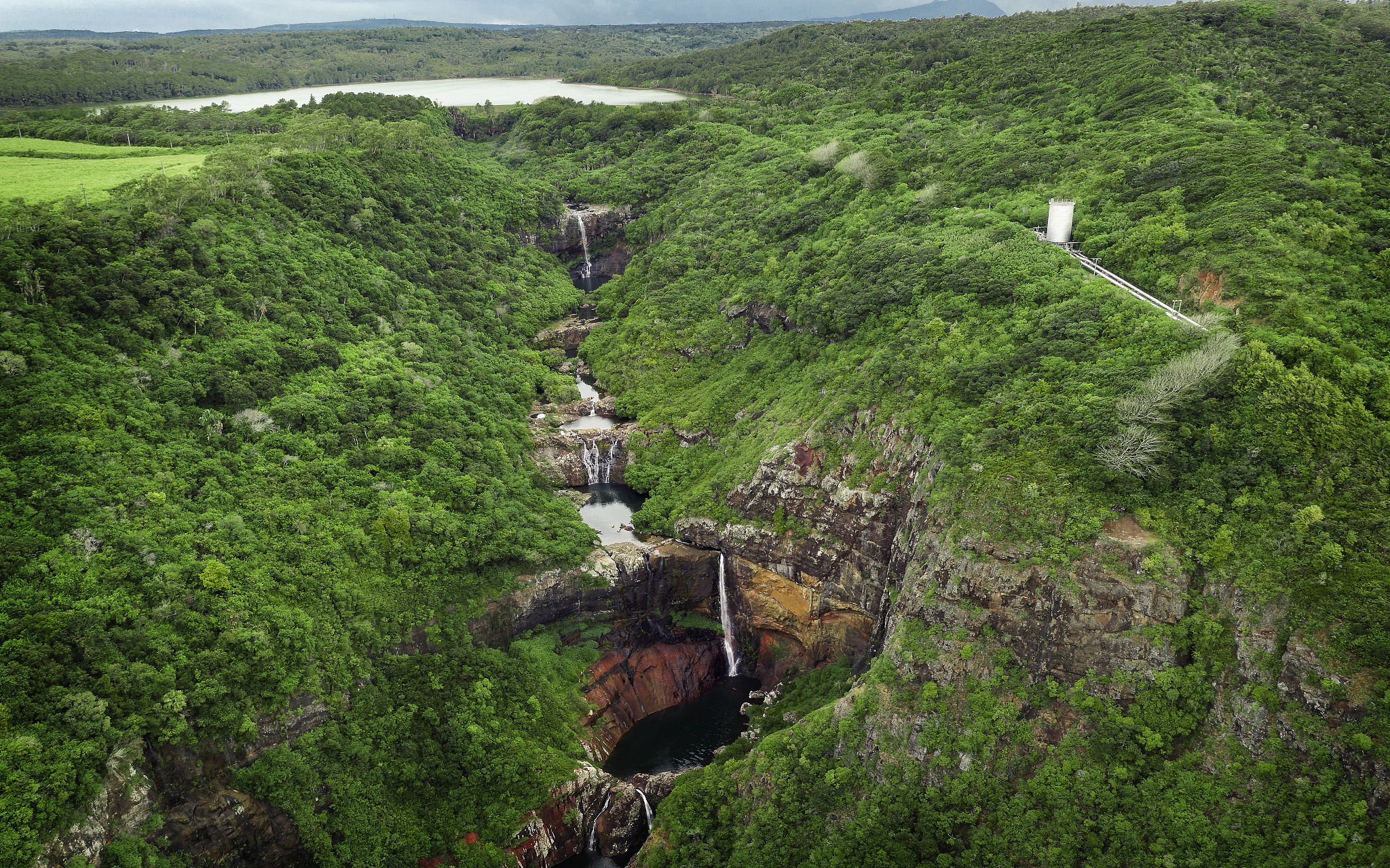 aerial view of the tamarind falls on mauritius