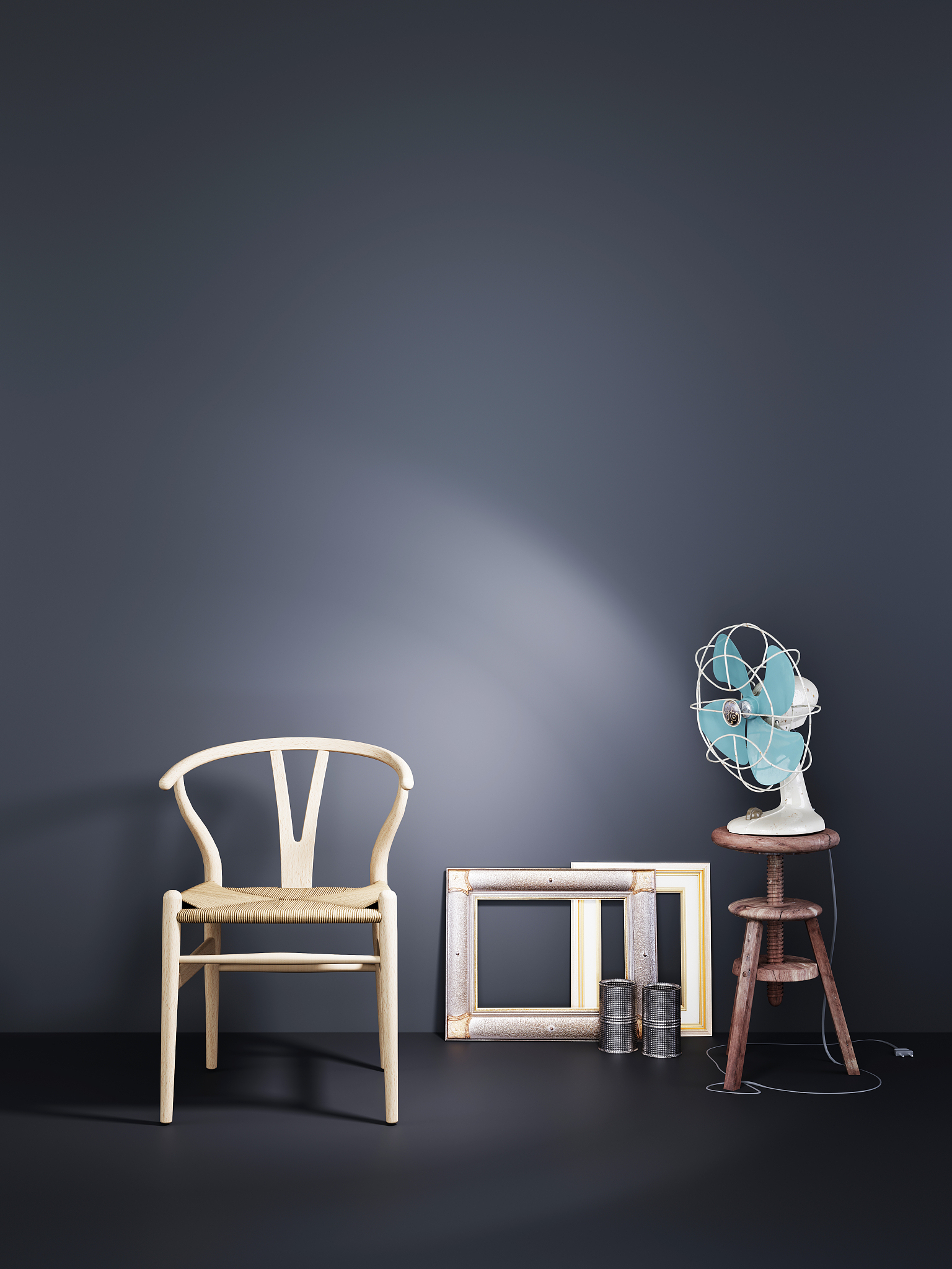 empty wall with wooden chair and air fan in a black wall backgro