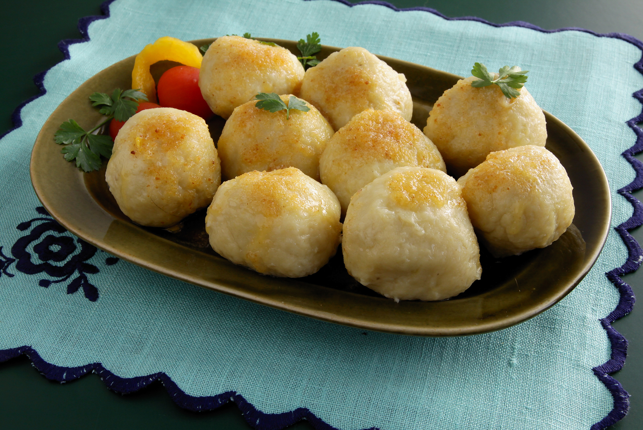 potato dough noodles with meat,butter and crumbs