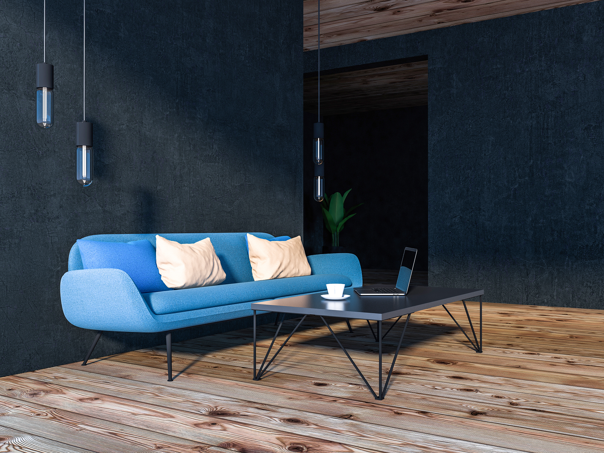 blue sofa in black living room interior