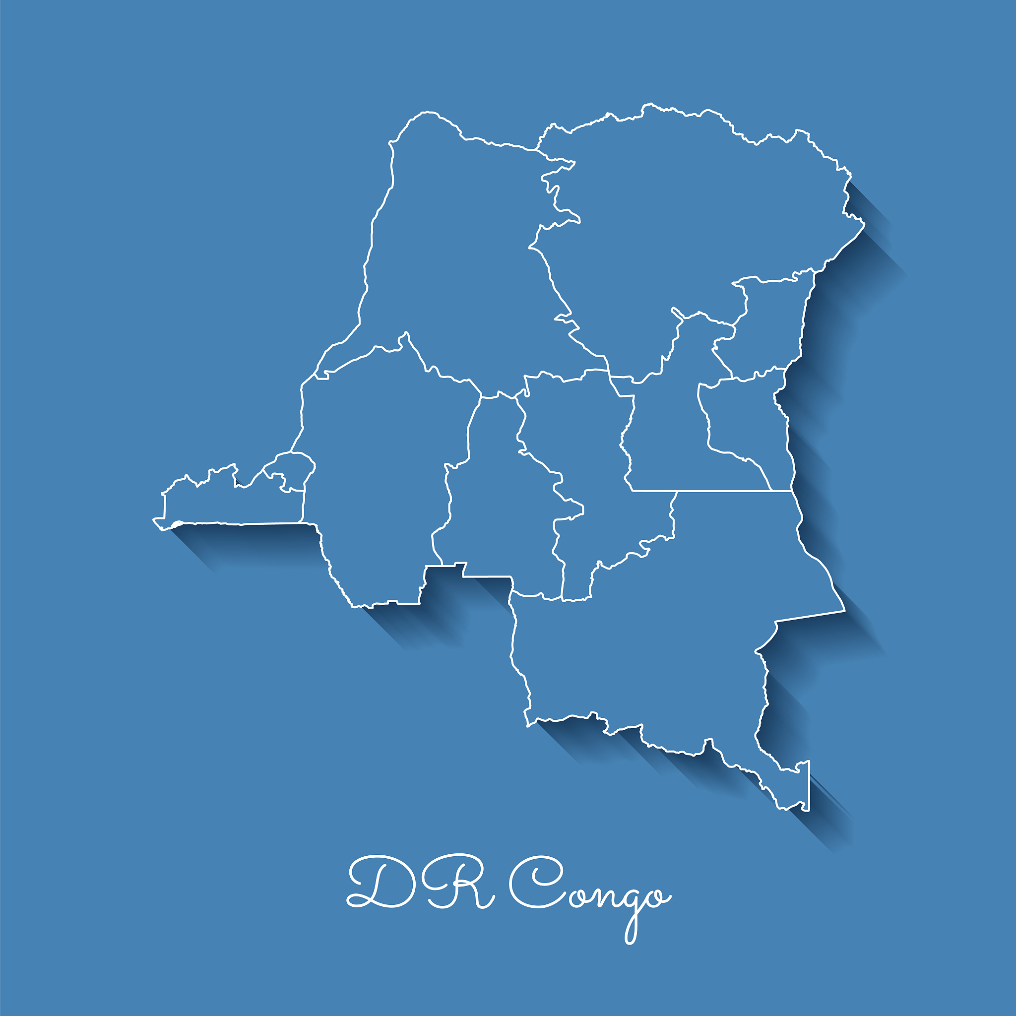 dr congo region map: blue with white outline and shadow on blue 