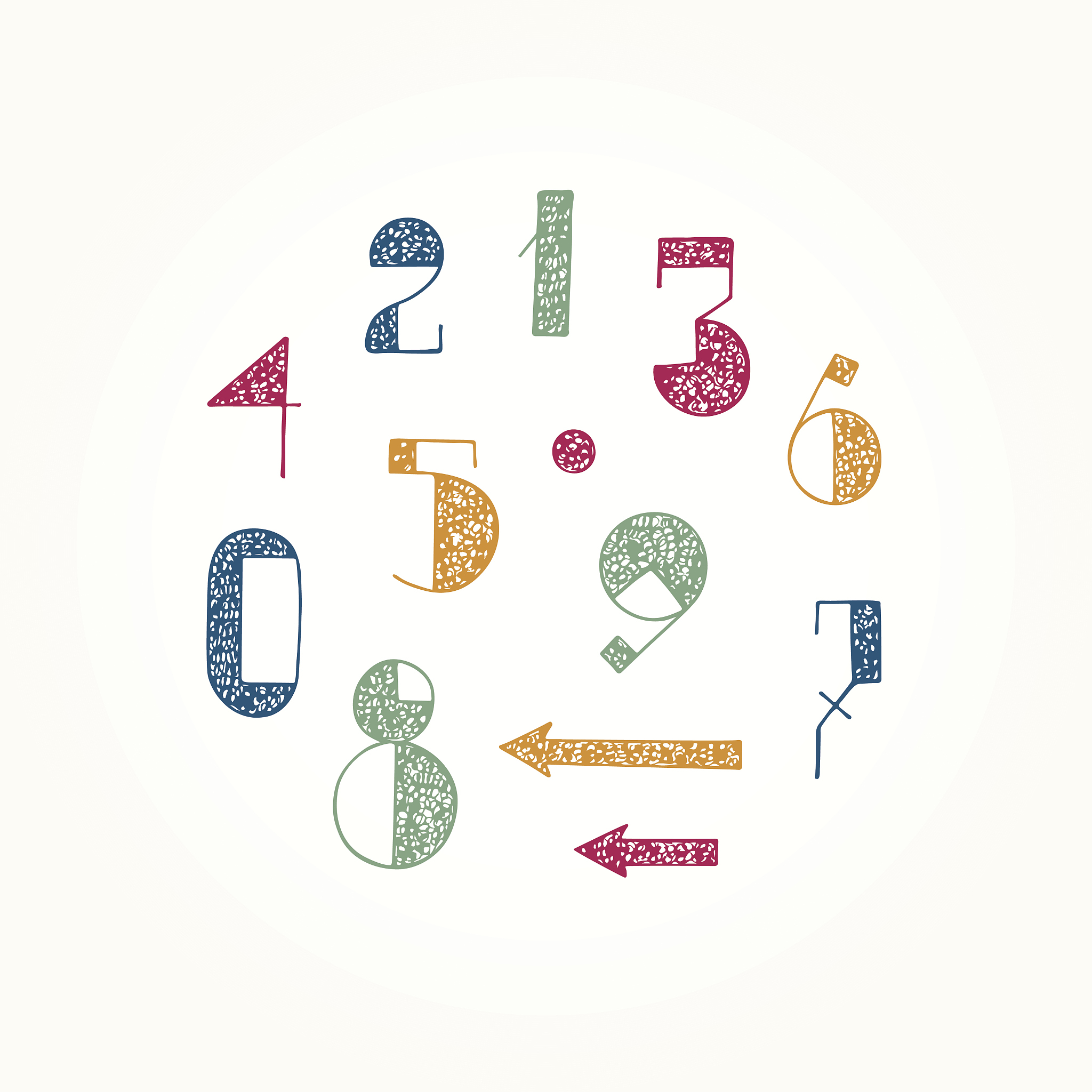 figures, arrows for clock face. numbers hand drawn doodle set