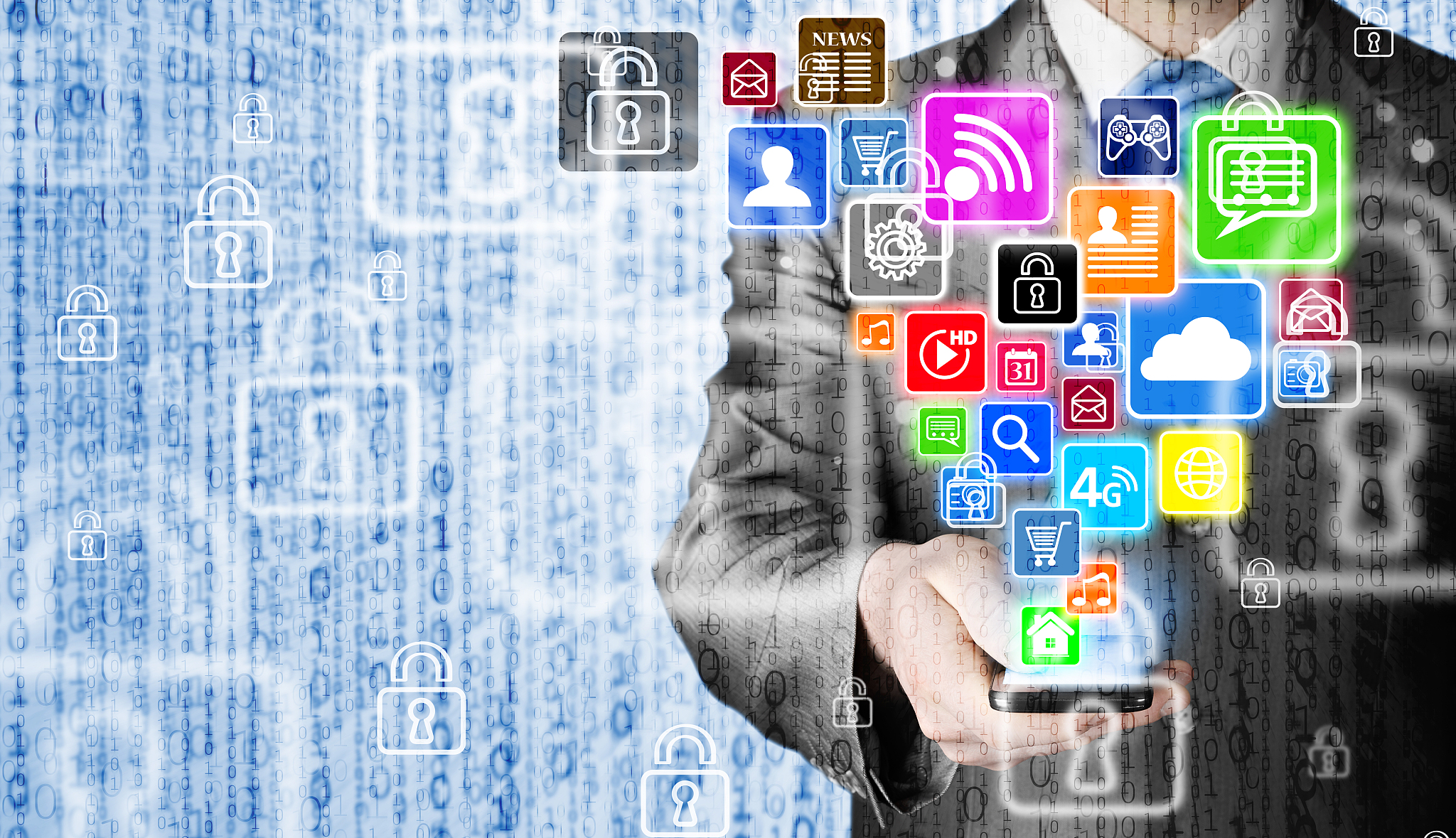 business man using smart phone with social media icon set