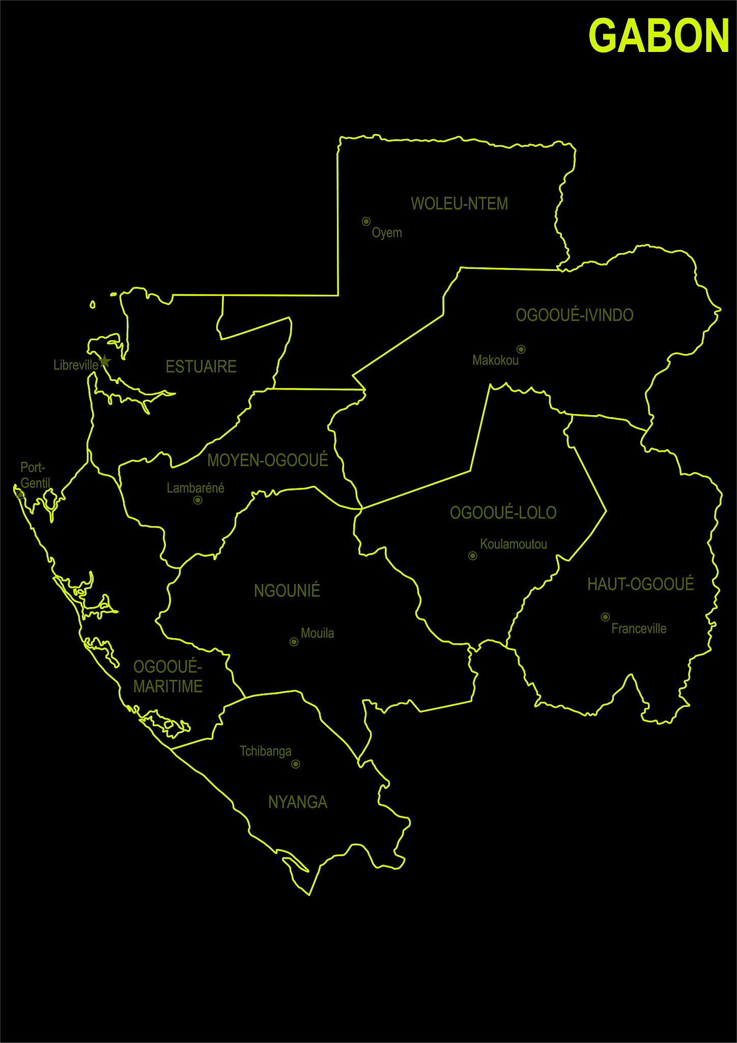 neon map of gabon against black background