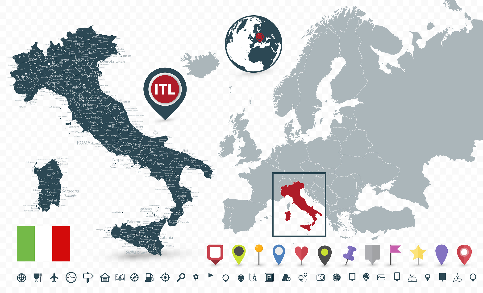 italy map and italy location on europe map isolated on transpare