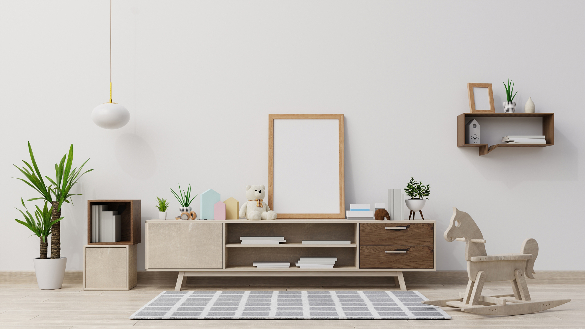 interior poster mock up living room with colorful white sofa . 3