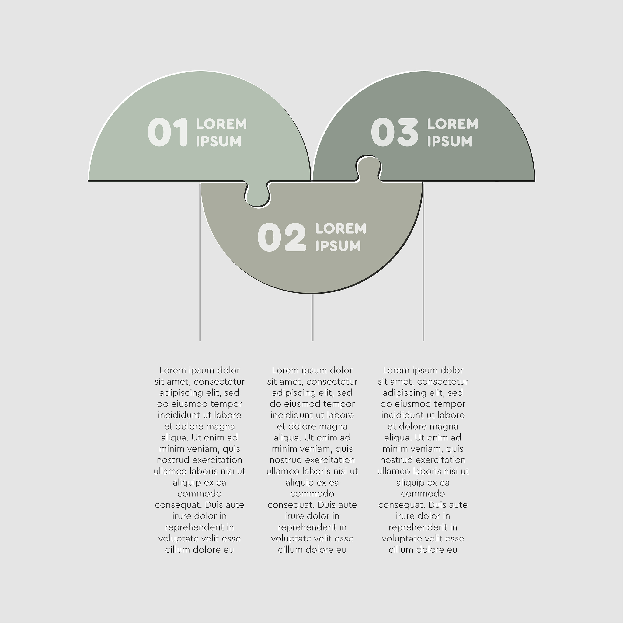 three pieces puzzle half circles line infographic