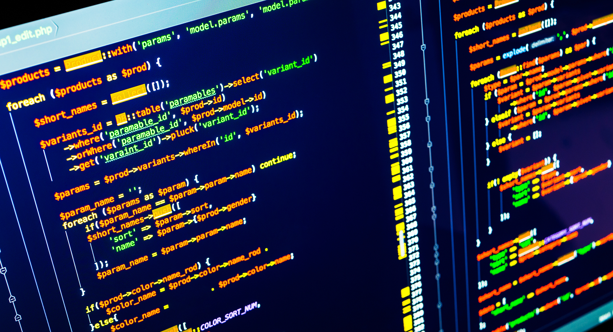 php code on the screen, extreme close up. web developing and pro