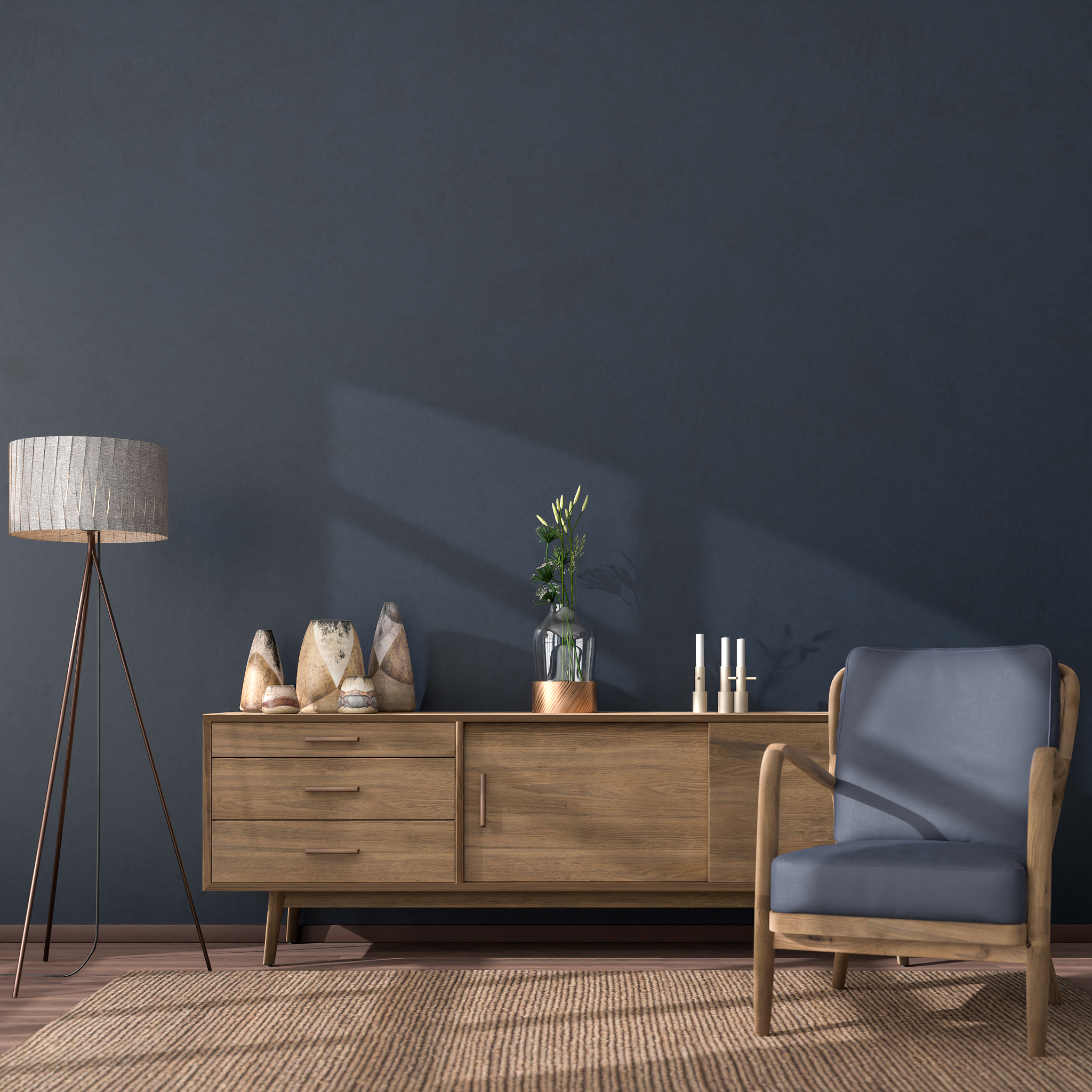 interior mockup scene: wooden sideboard with flowers, vases and 