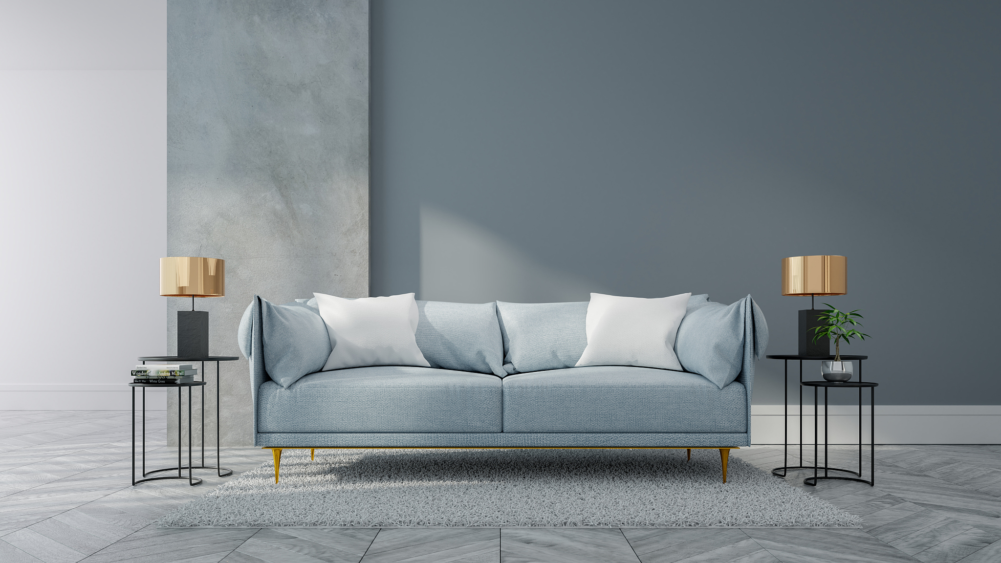 loft and vintage interior of living room, blue sofa on white flo