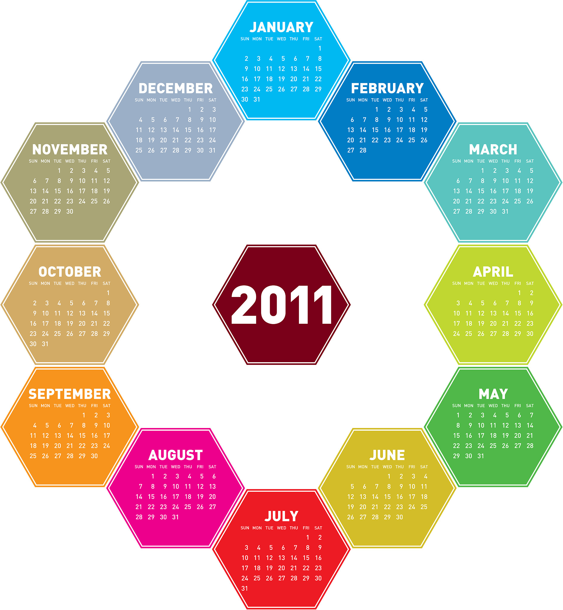 colorful hexagons calendar 2011
