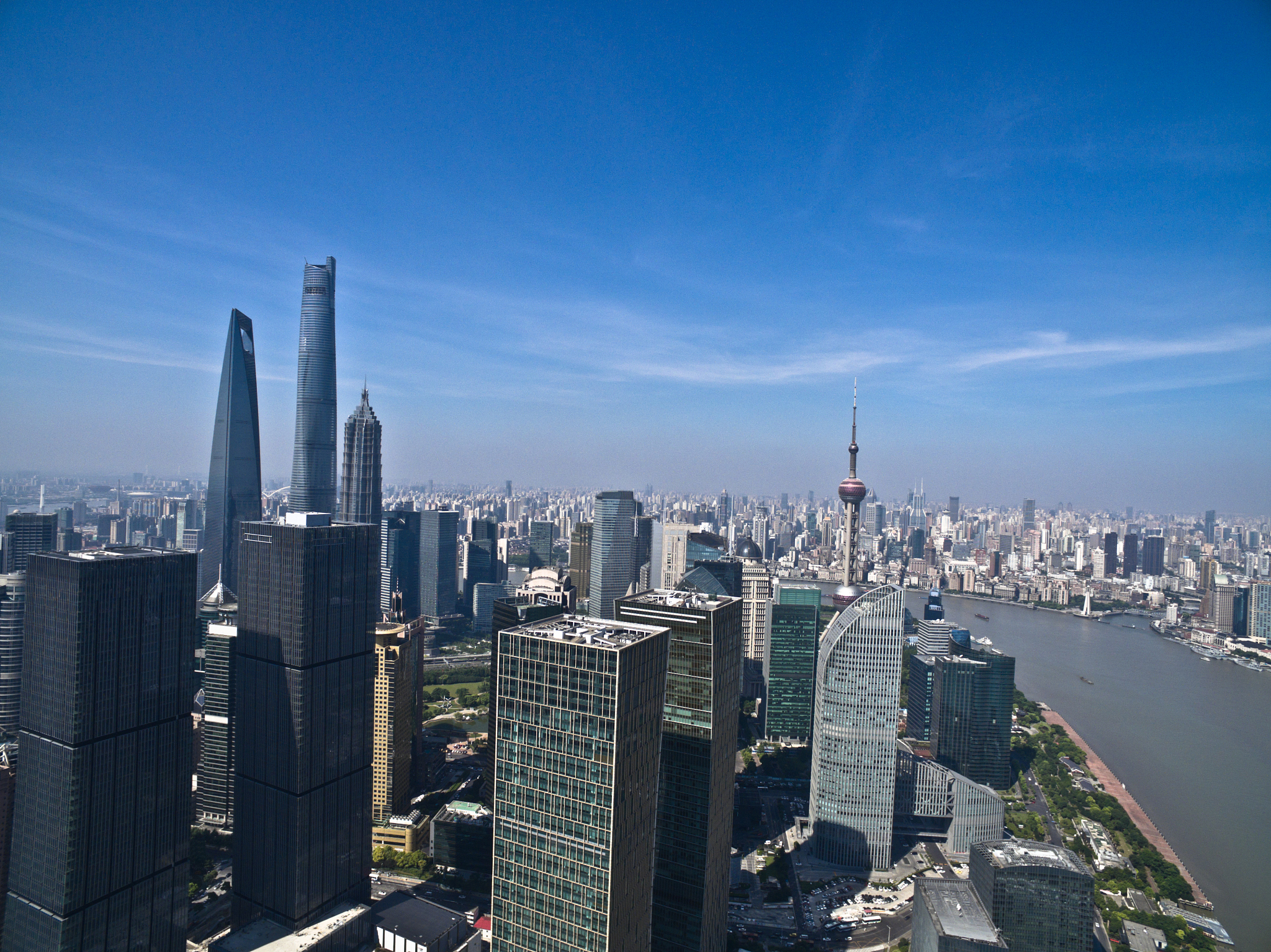 aerial photography at shanghai bund skyline