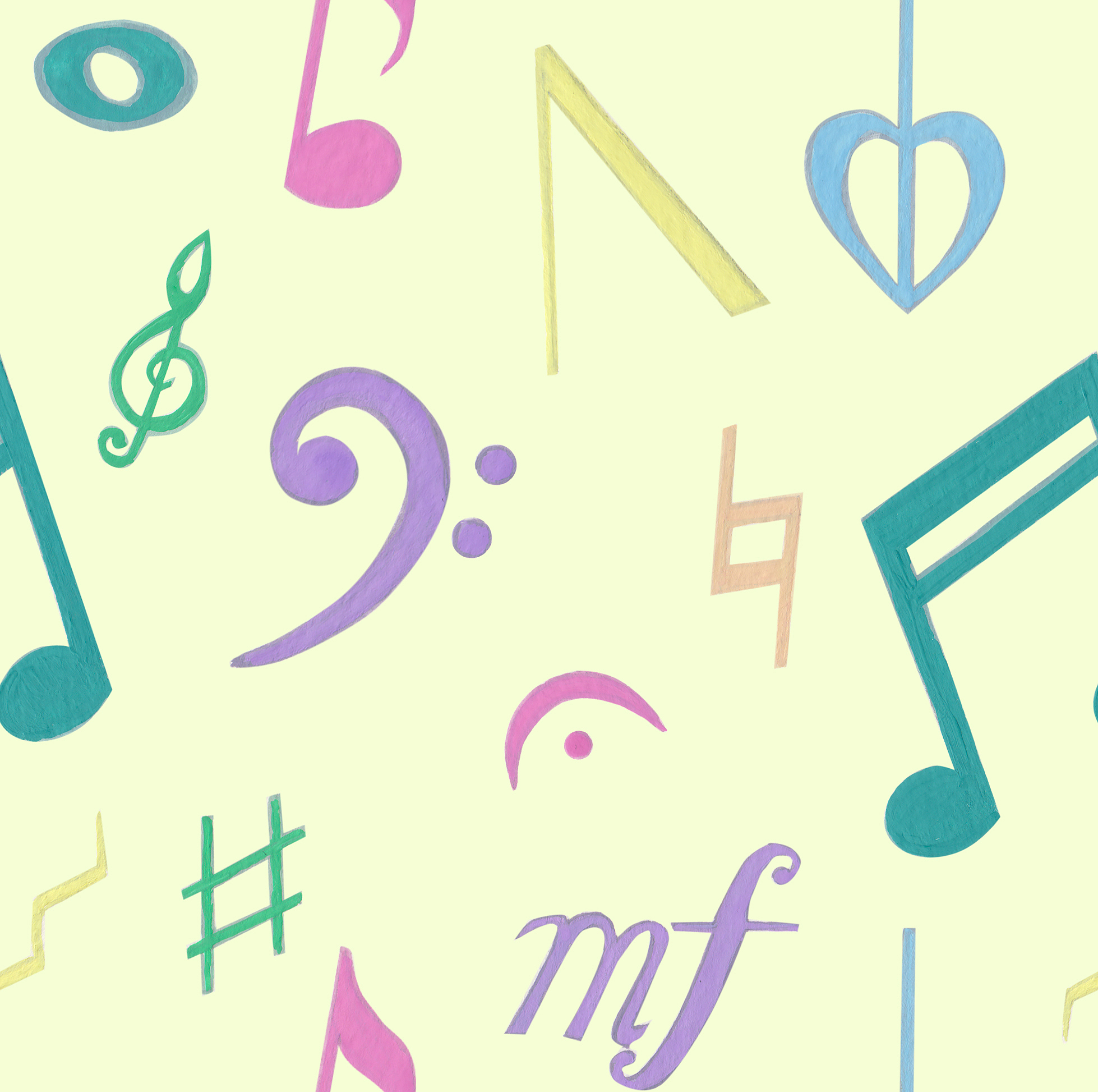 seamless music pattern, colourful notation yellow
