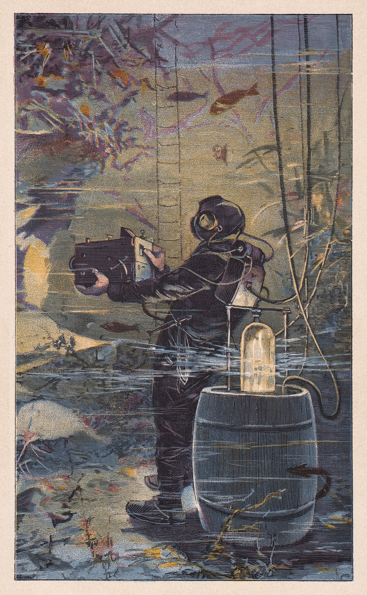 diver photographs the seabed under water, colour woodcut, publis