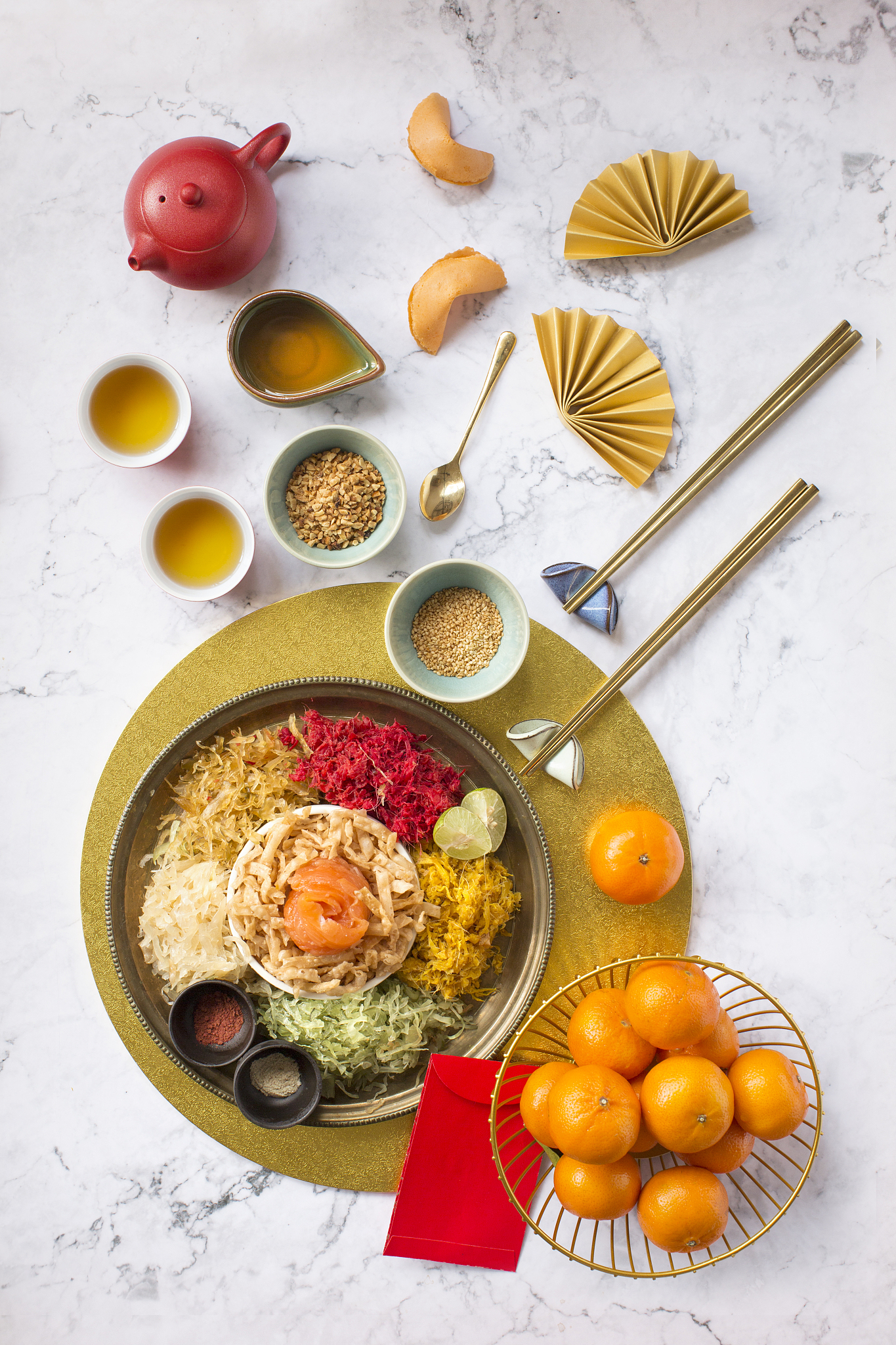 chinese new year food, raw fish salad "yusheng" and other tradit
