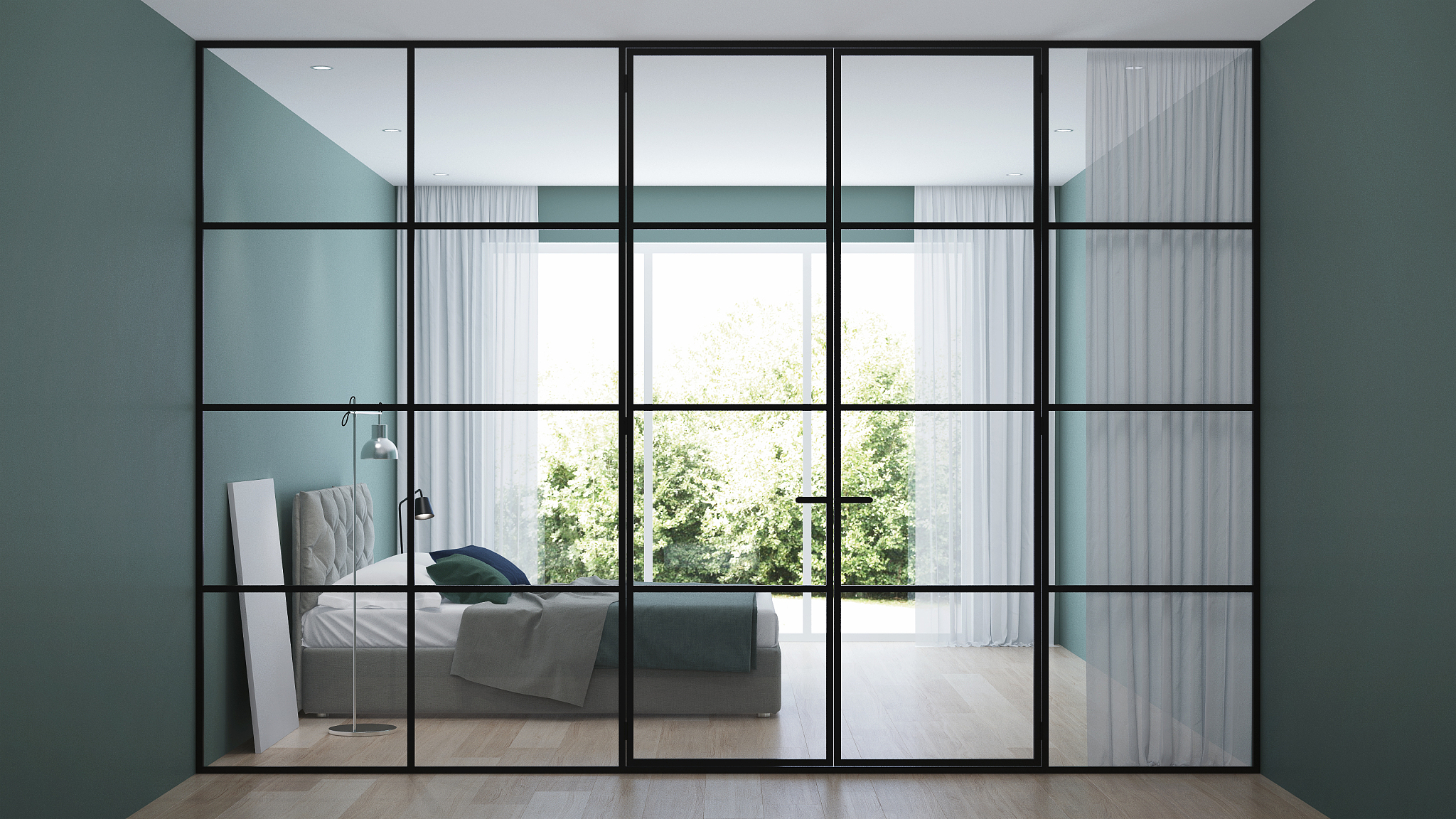 modern house interior. interior bedroom with glass partitions. 3