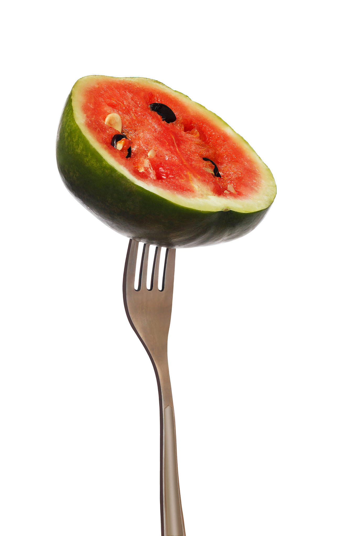 small watermelon on a fork isolated on white background
