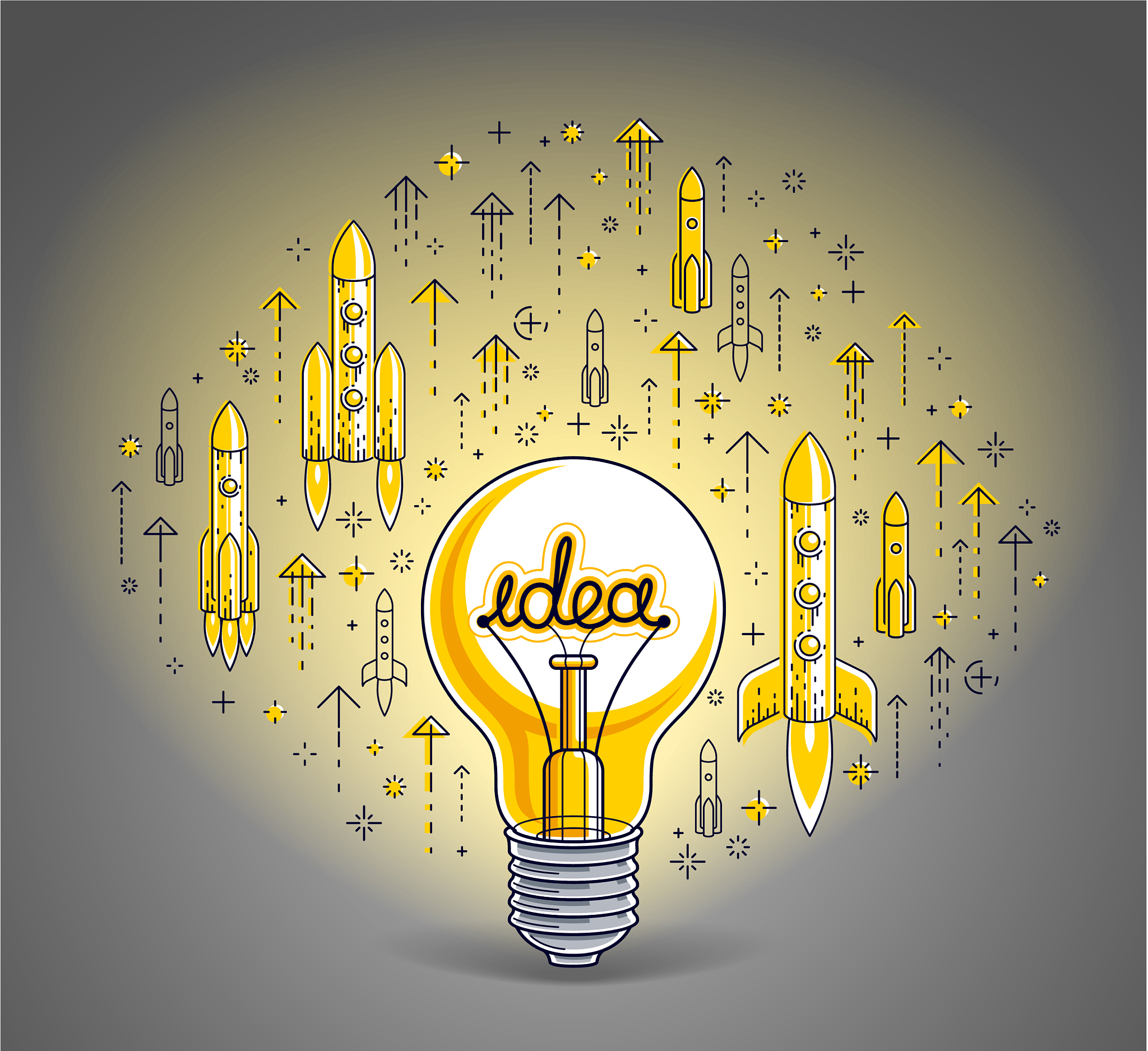 shining light bulb and set of launching rockets