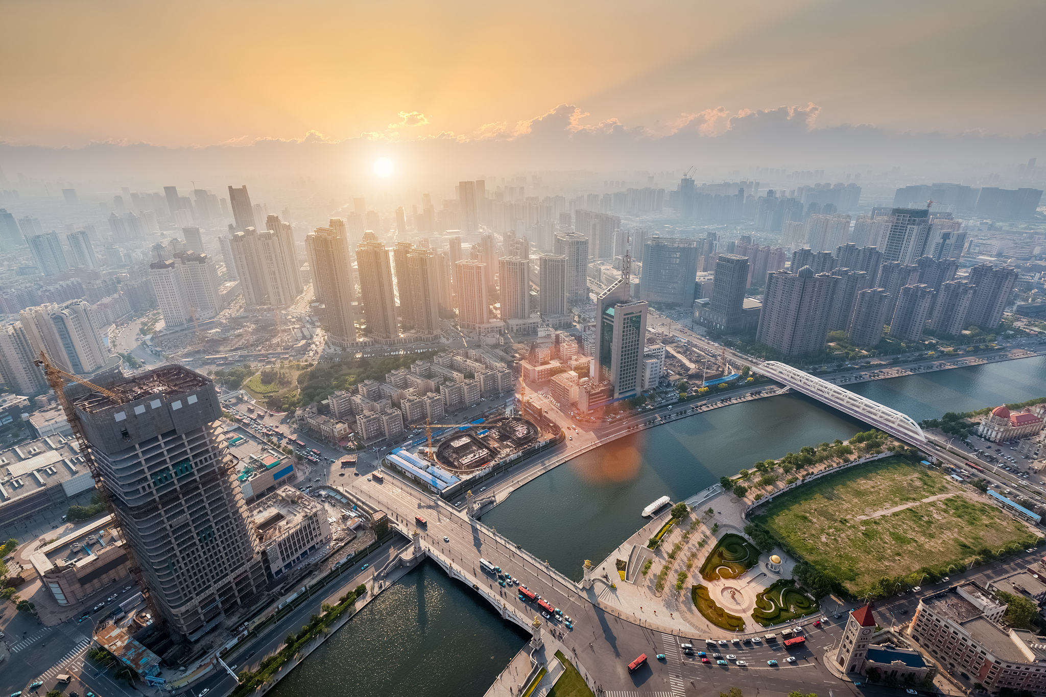 modern city in sunset