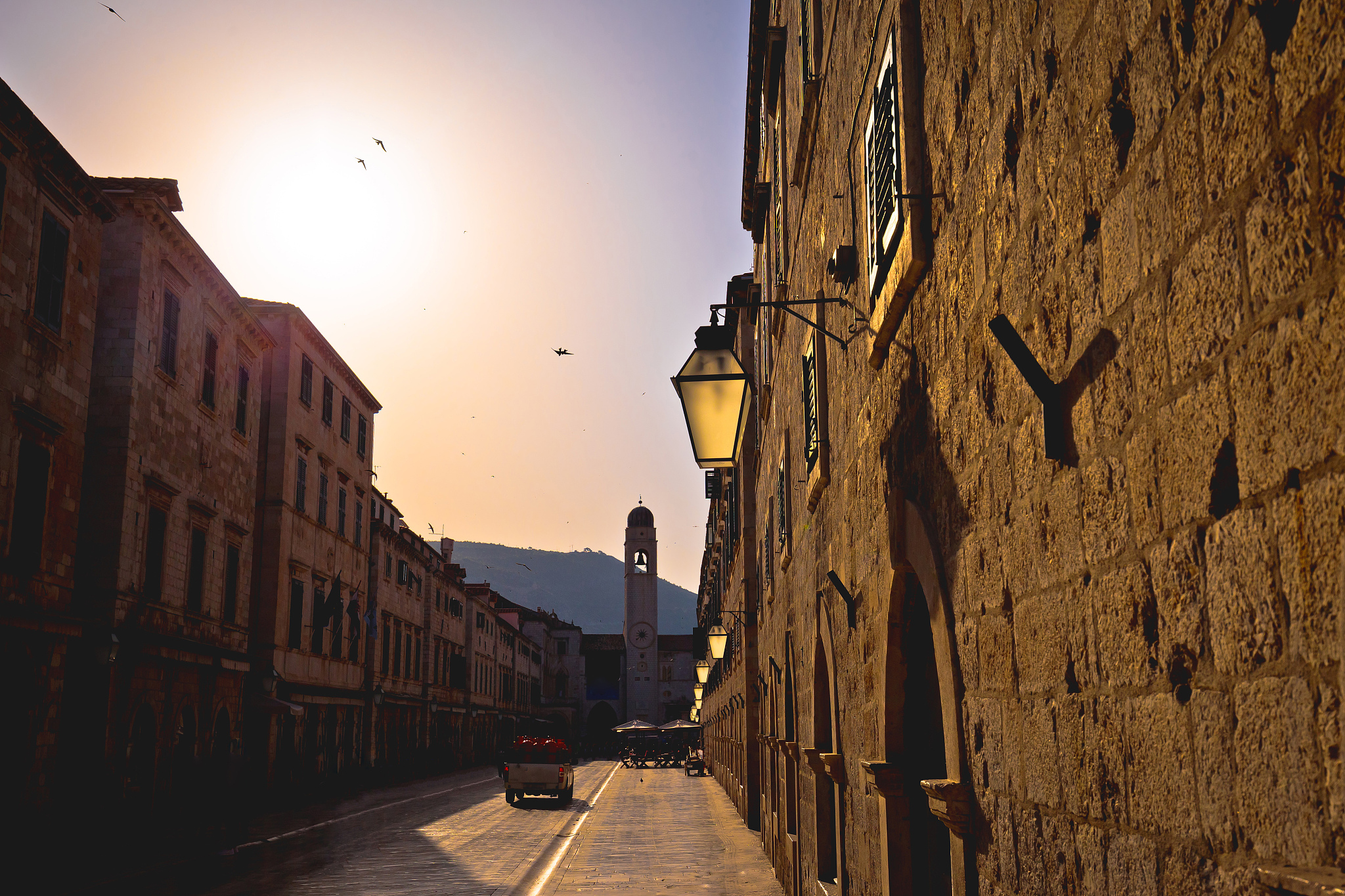 dubrovnik. famous stradun street in dubrovnik golden sunset view