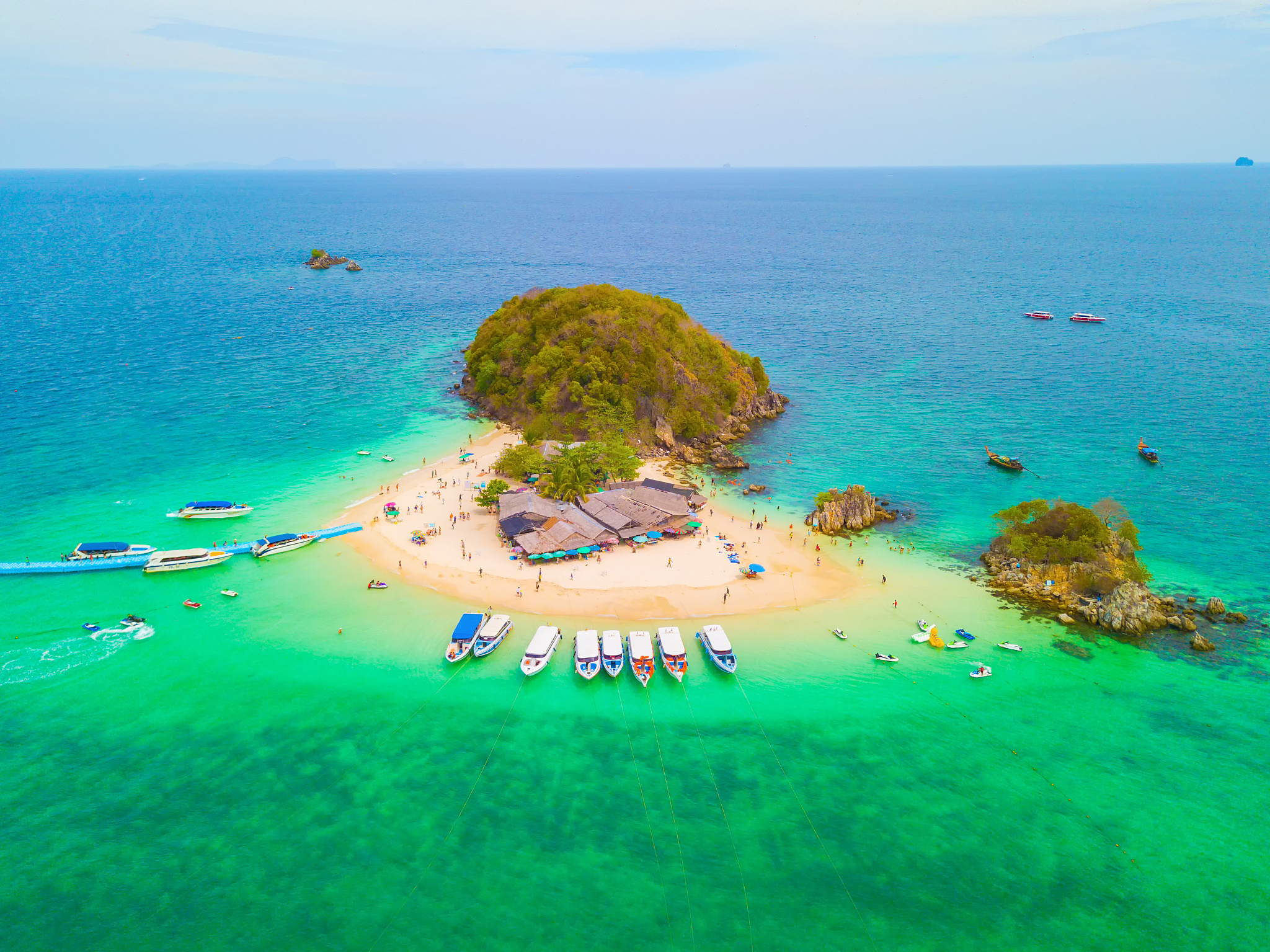 aerial view of beach at koh khai, a small island, with crowd of 