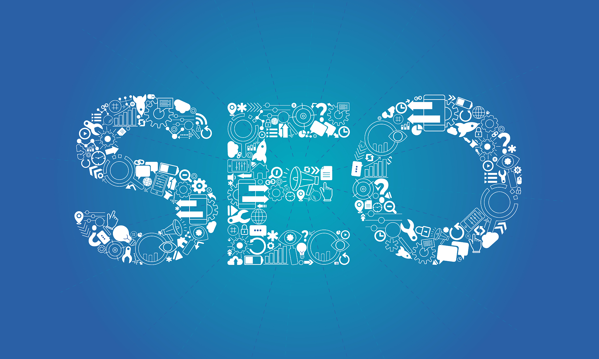 seo sign made of small white web icons. dark background. search 