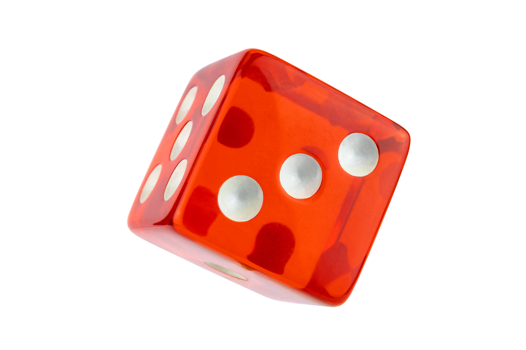 red glass dice closeup isolated on white without shadow. five, t