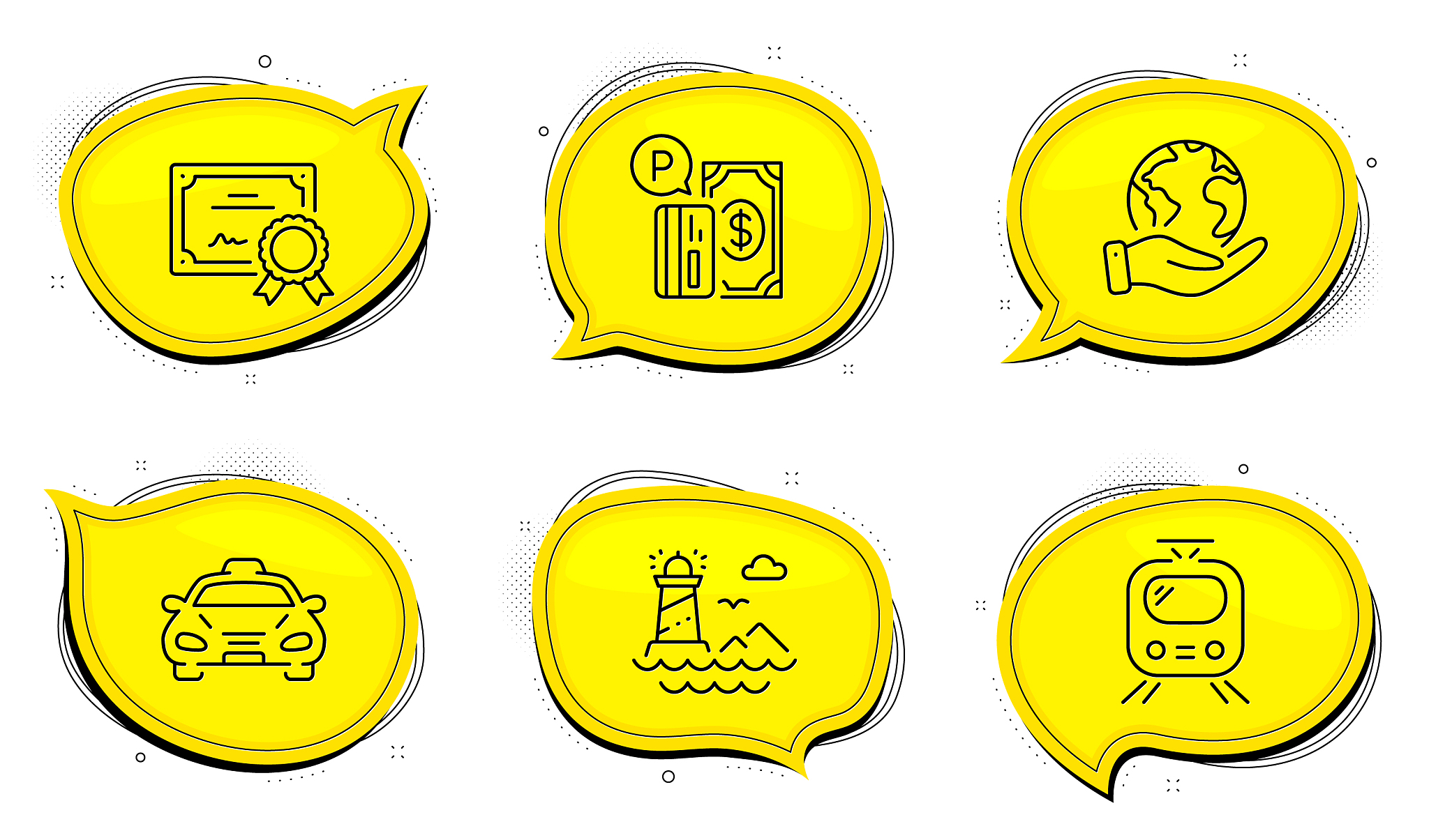 parking payment train and lighthouse icons set