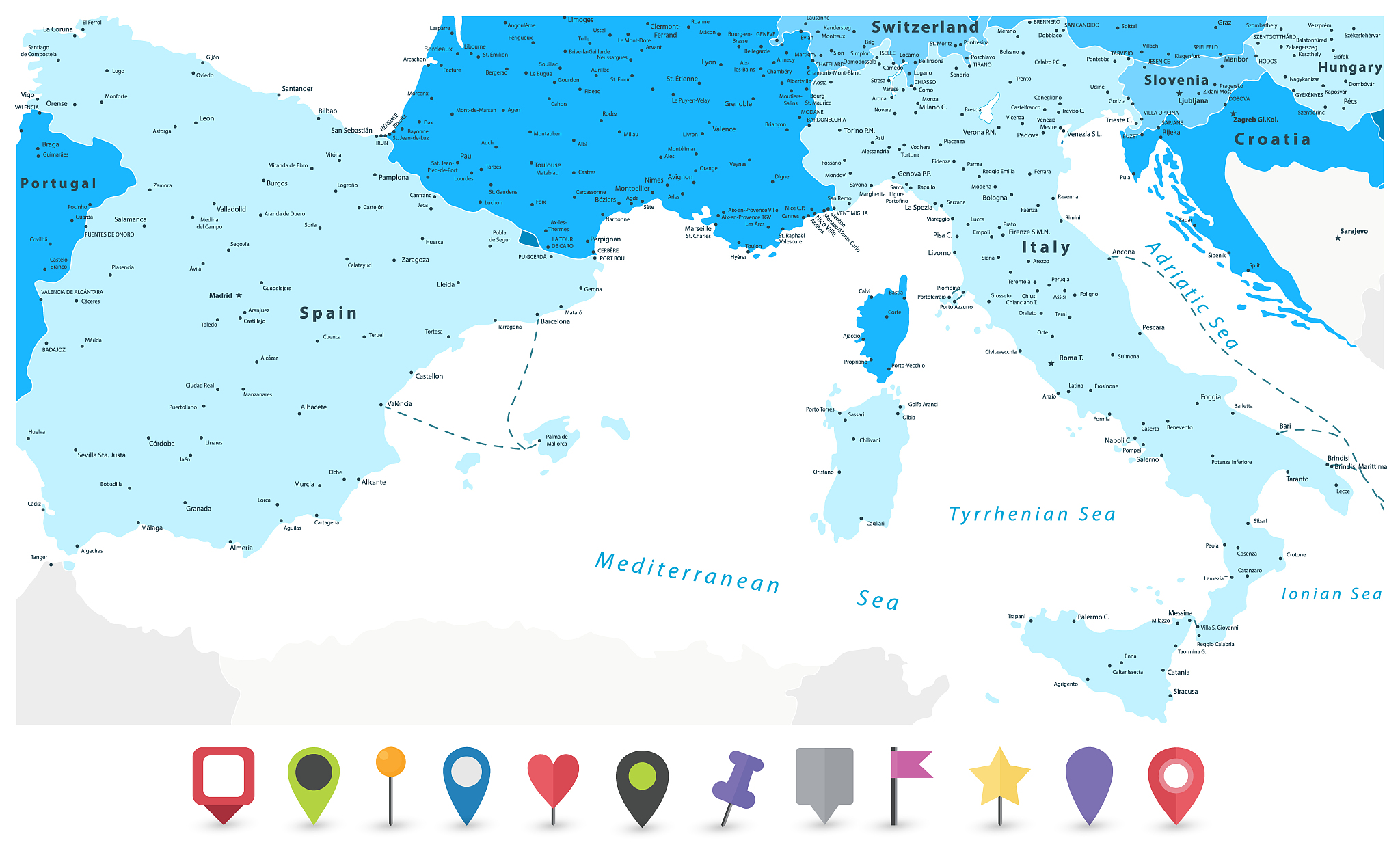 spain and italy blue map and flat map icons