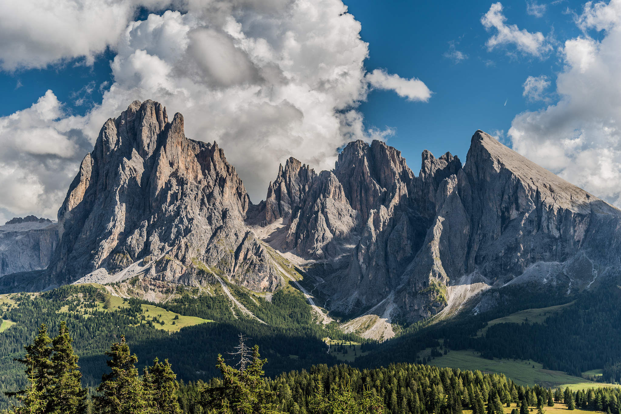 view of alpe di siusi or seiser alm in the dolomites in south ty