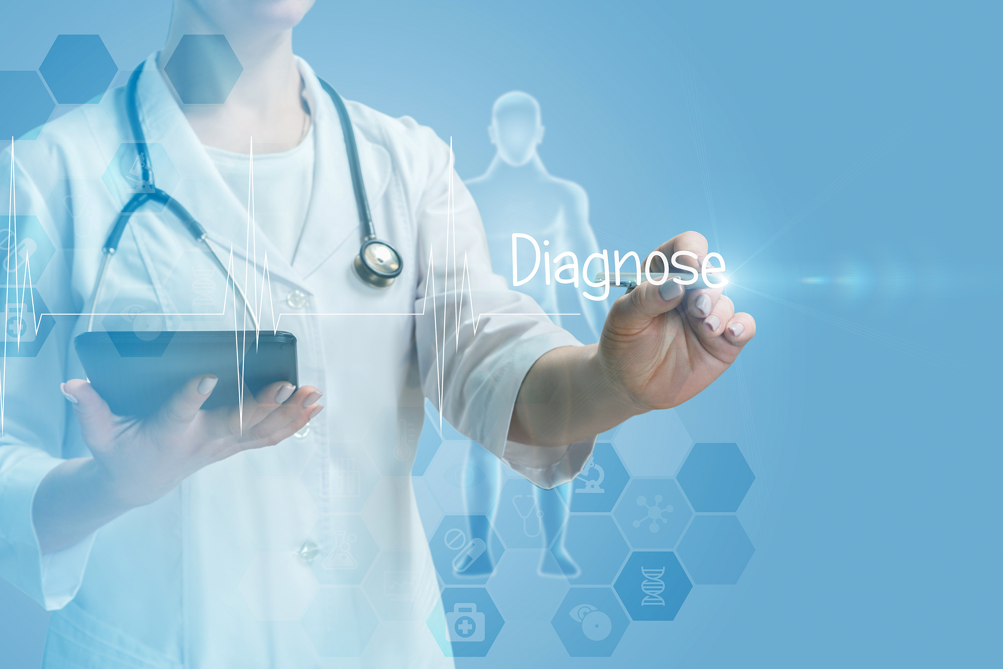 a doctor operating with touch screen with diagnose word on it.